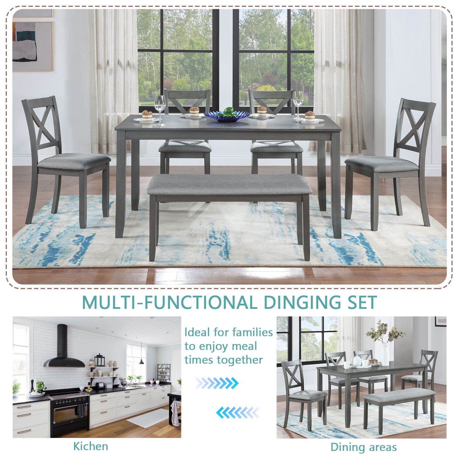 6 Pieces Kitchen Dining Set, Rectangular Wooden Dining Table With 4 Chairs And A Bench