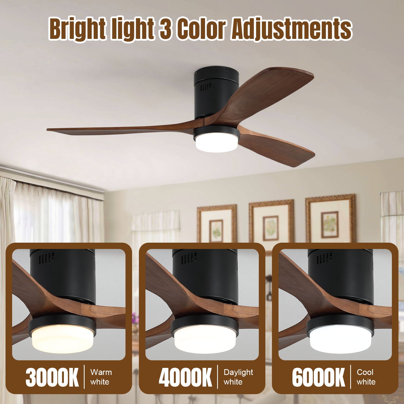 Indoor Ceiling Fan With Lights, Reversible DC Motor, Remote Control - Black