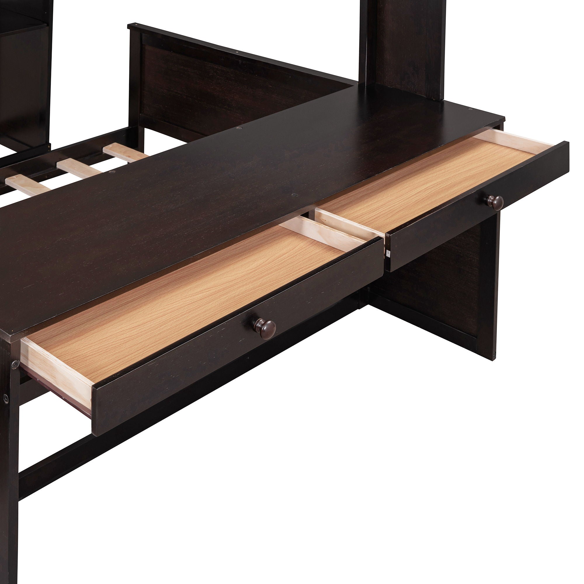 Loft Bed With A Twin Size Standalone Bed, Shelves, Desk, And Wardrobe