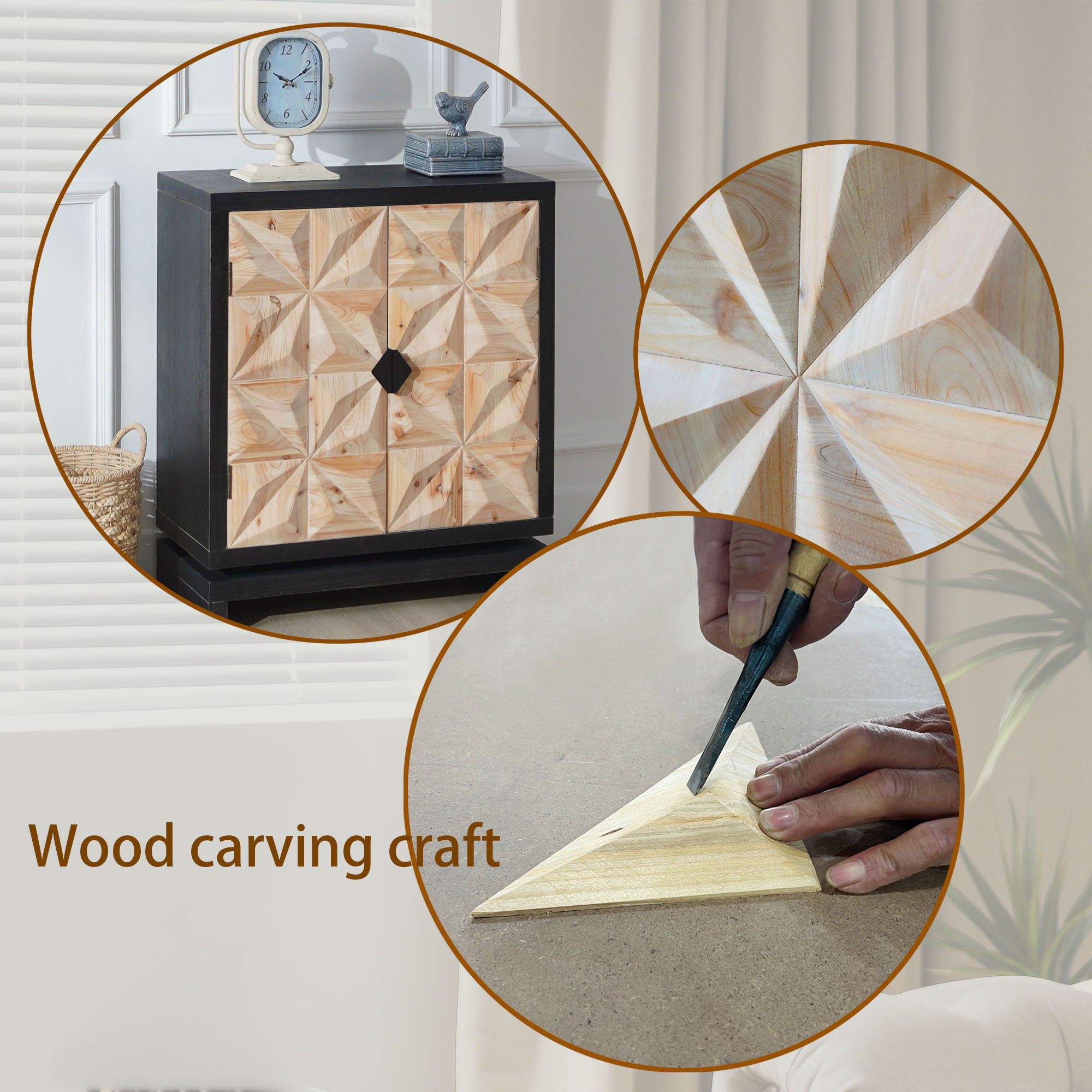 2 Door Accent Storage Cabinet With Diamond Handle - Black / Natural