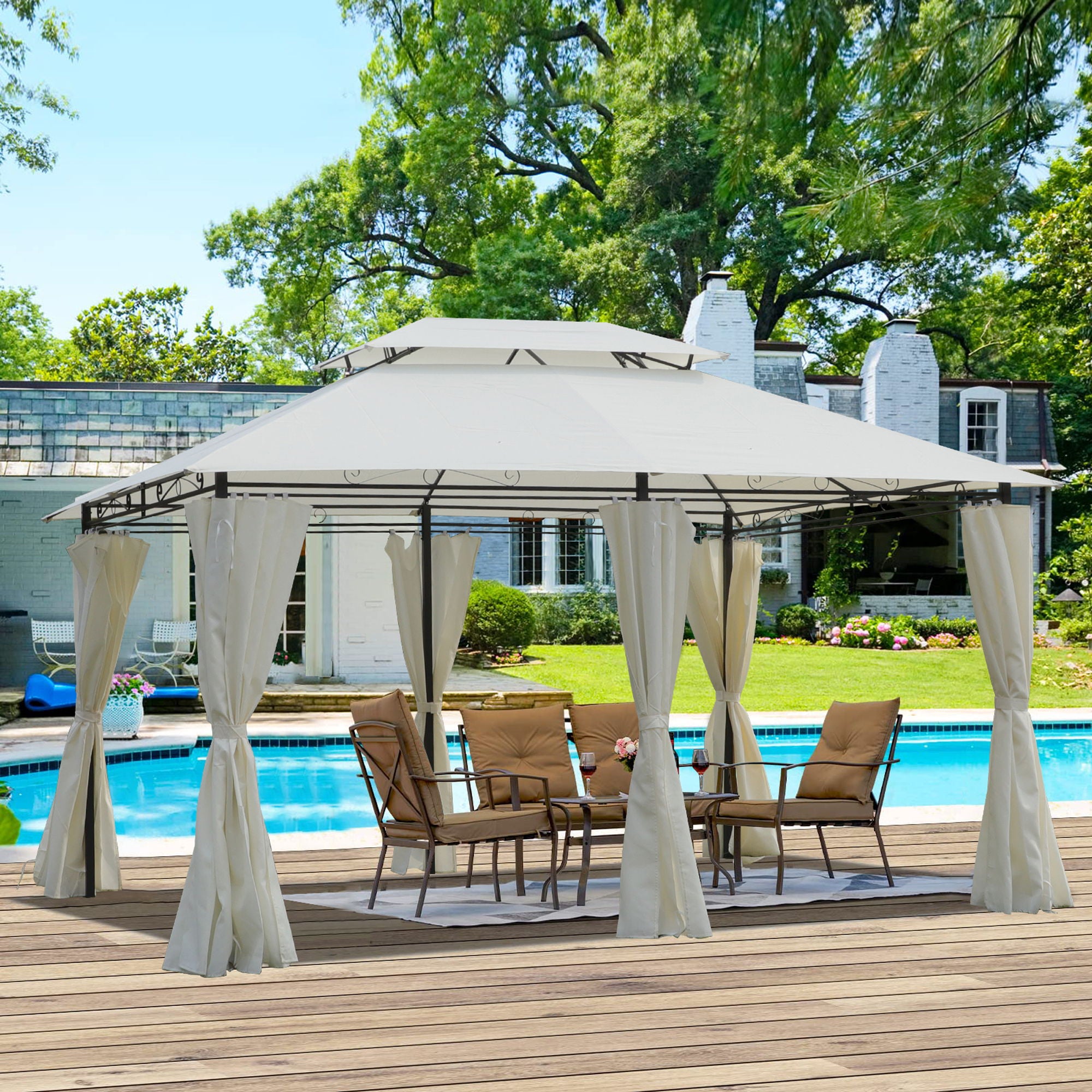 Outdoor Patio Gazebo Tent With Ventilated Double Roof And Sidewall