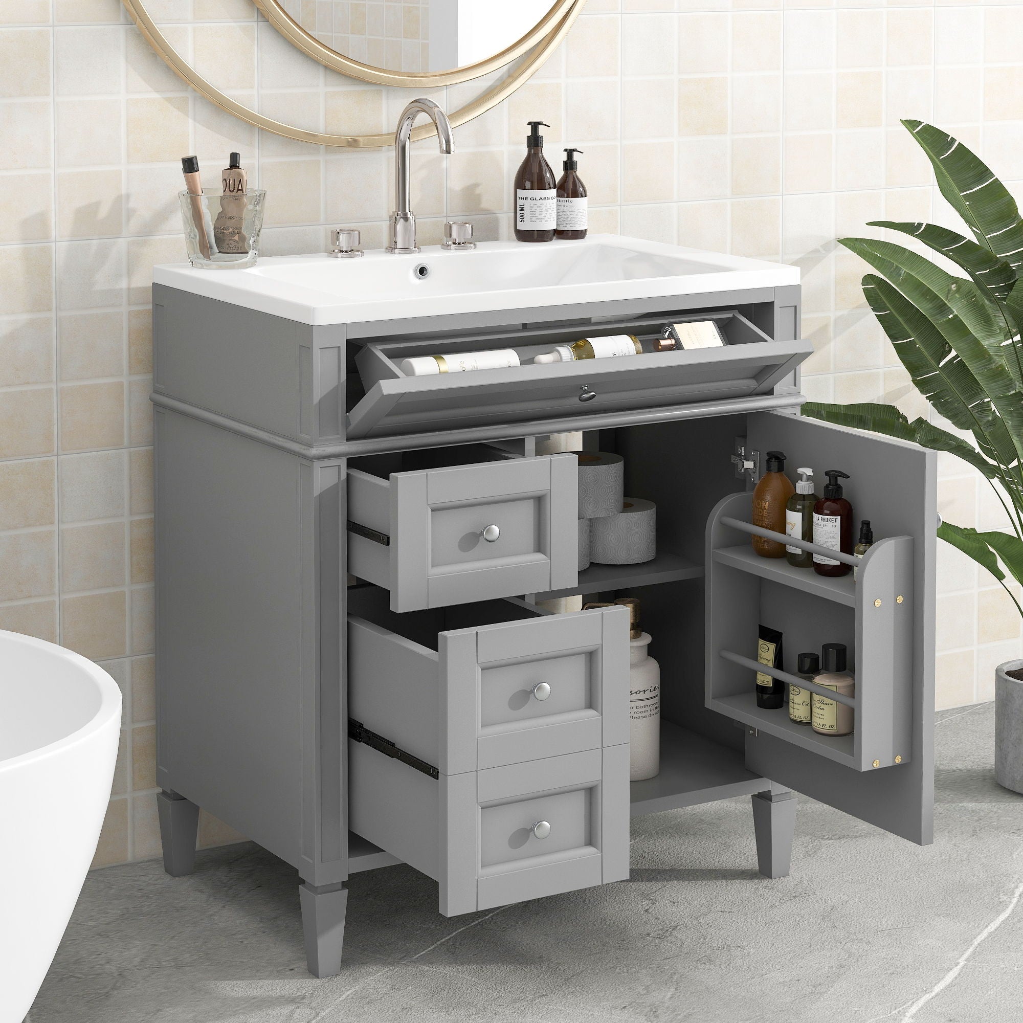 Bathroom Vanity With Top Sink, 2 Drawers And Tip Out Drawer, Rectangular Design