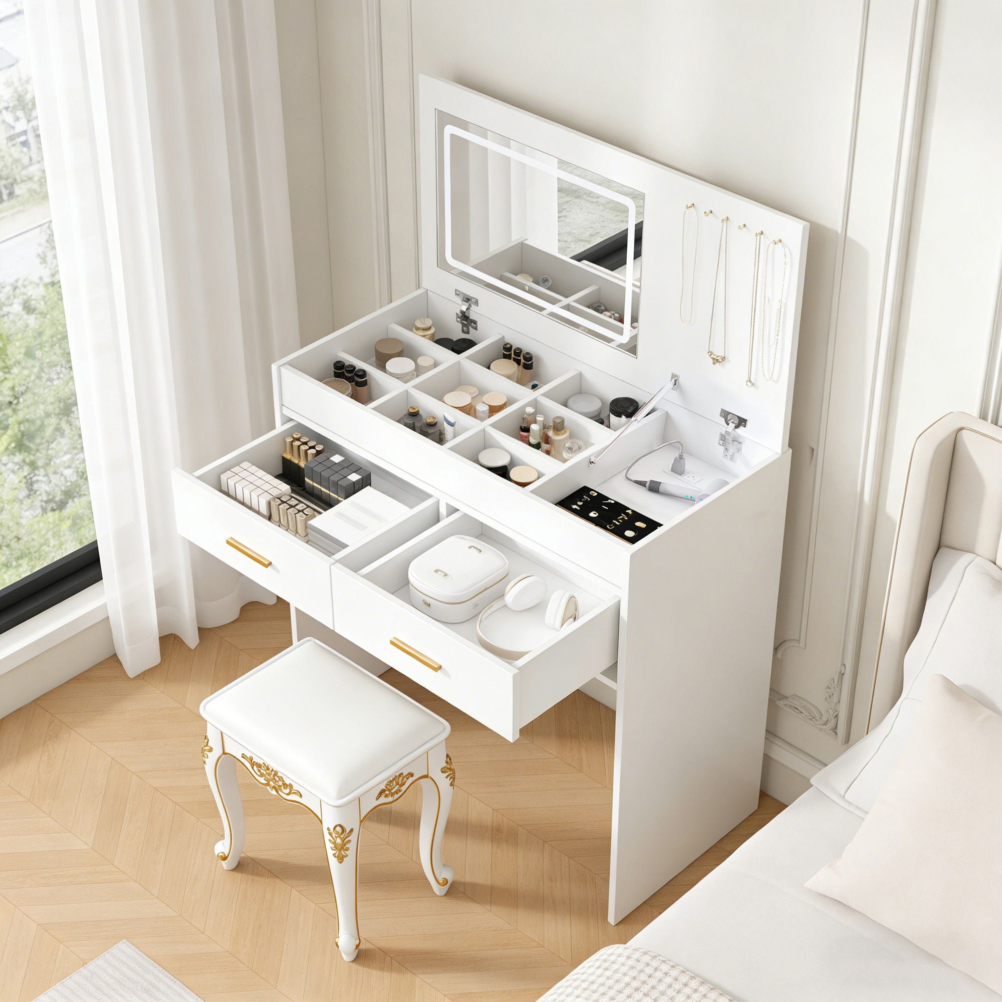 Flip Top Vanity Desk With LED Mirror & Outlet Makeup Table With 2 Drawers, Open Storage, And Jewelry Hooks - White
