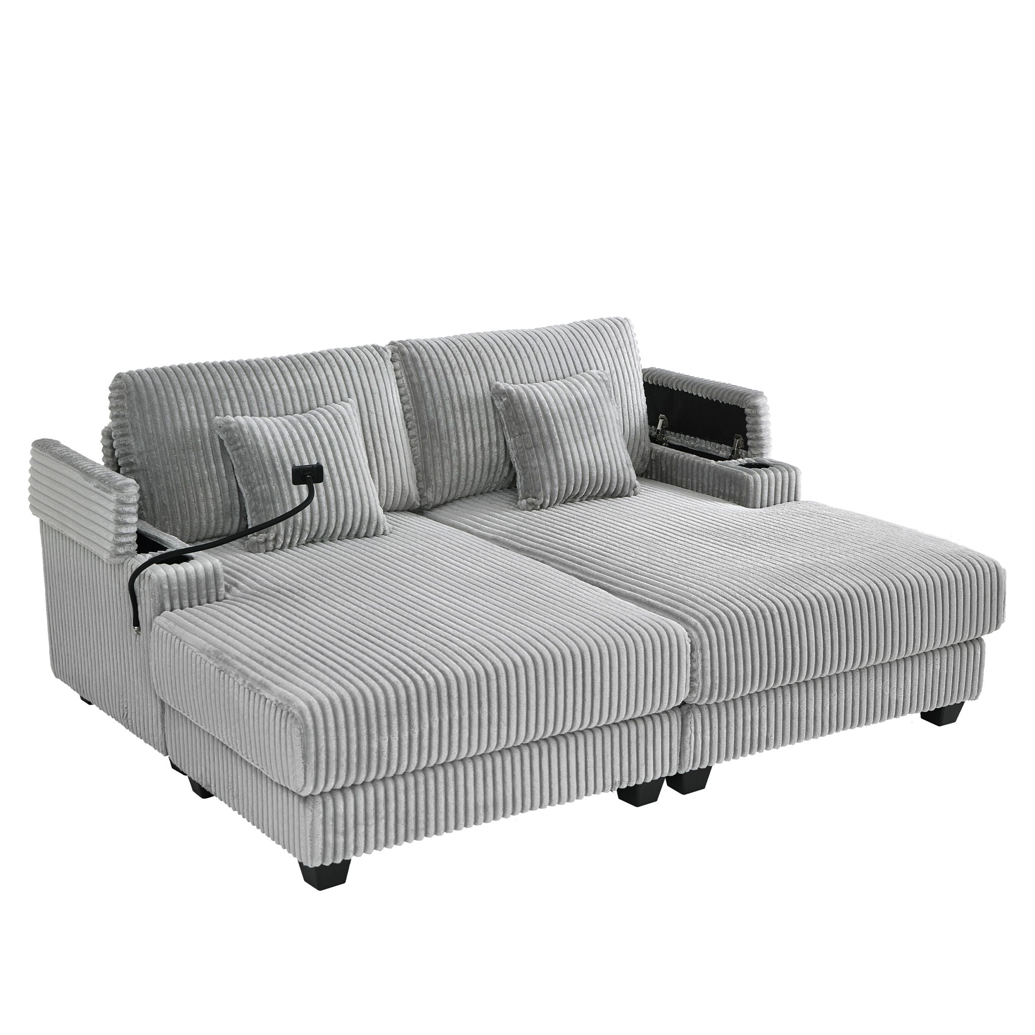 Modern Chaise Sofa With Adjustable Backrest, Cup Holders, Phone Holder & Storage Compartments For Living Room
