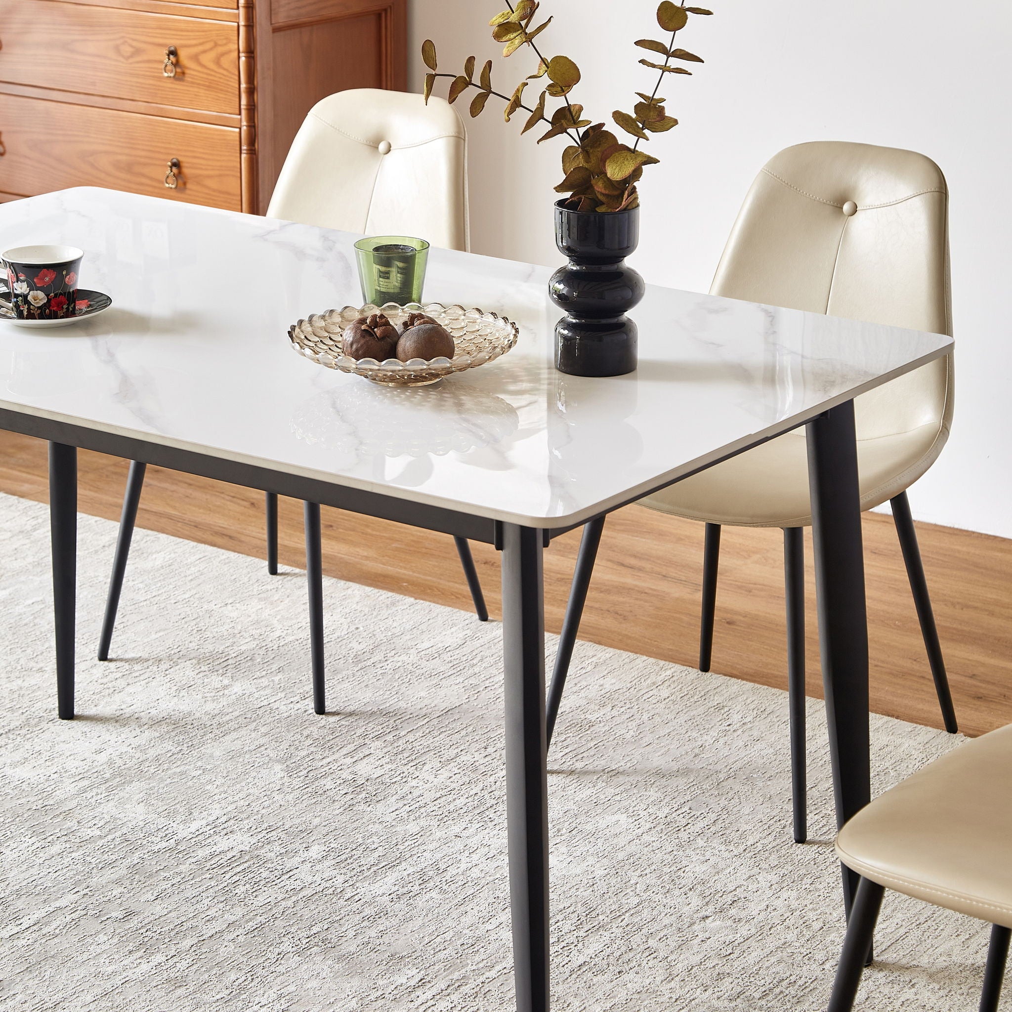 Mid Century Modern Dining Table Round White Sintered Stone Top Heavy Duty Metal Legs Waterproof Surface For Kitchen Dining Room Or Office Furniture - White / Black