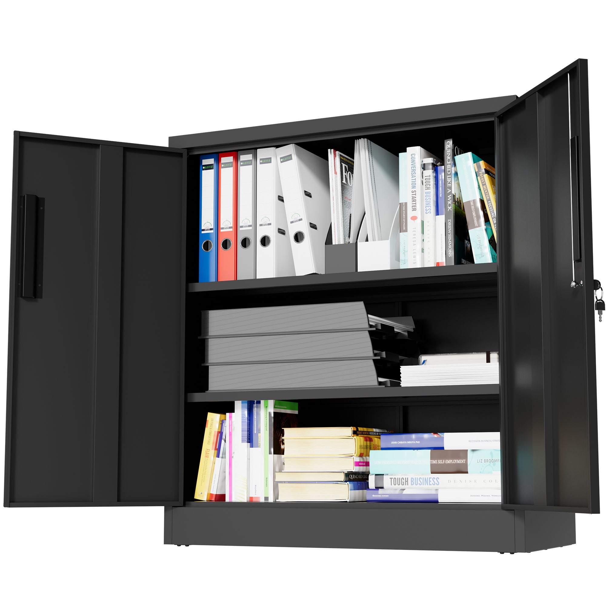 Heavy Duty Storage Cabinet With Lock, 2 Door File Cabinet With 2 Adjustable Shelves - Black
