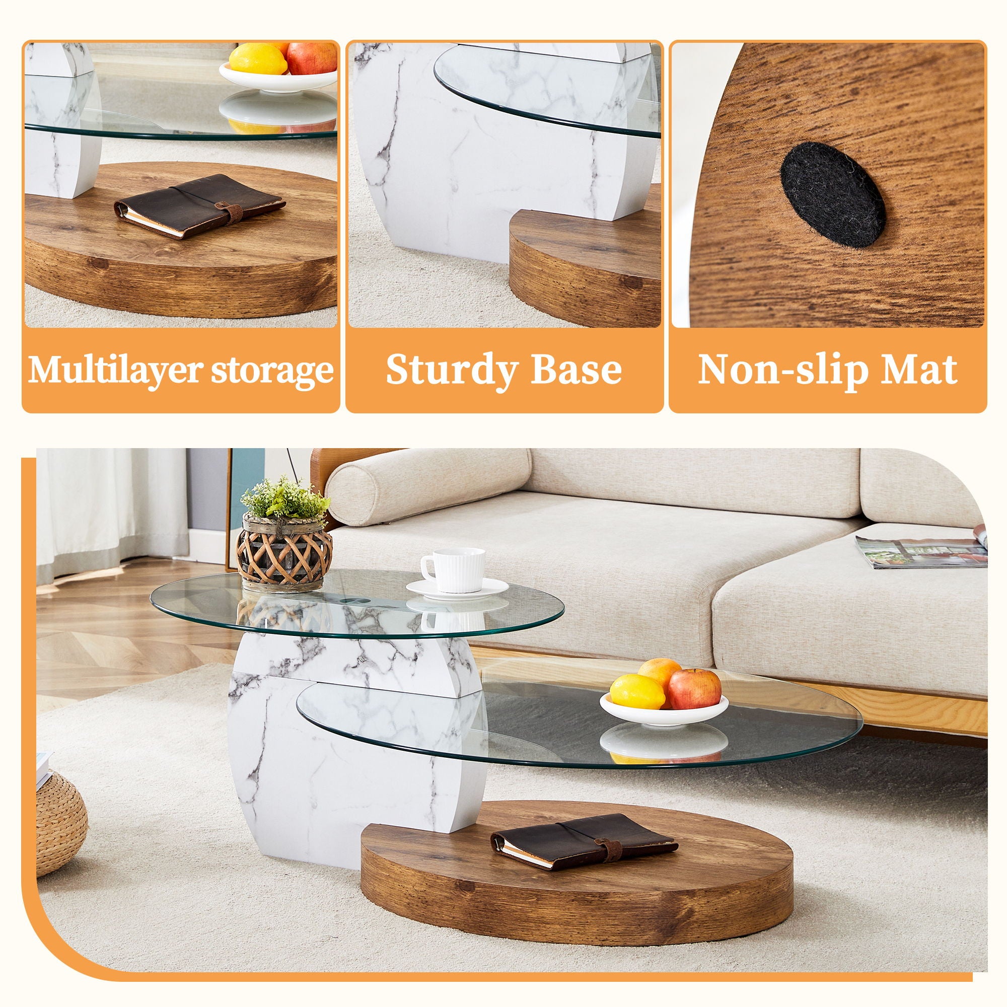 Contemporary Artistic Double Layer Coffee Table, Tempered Glass Top