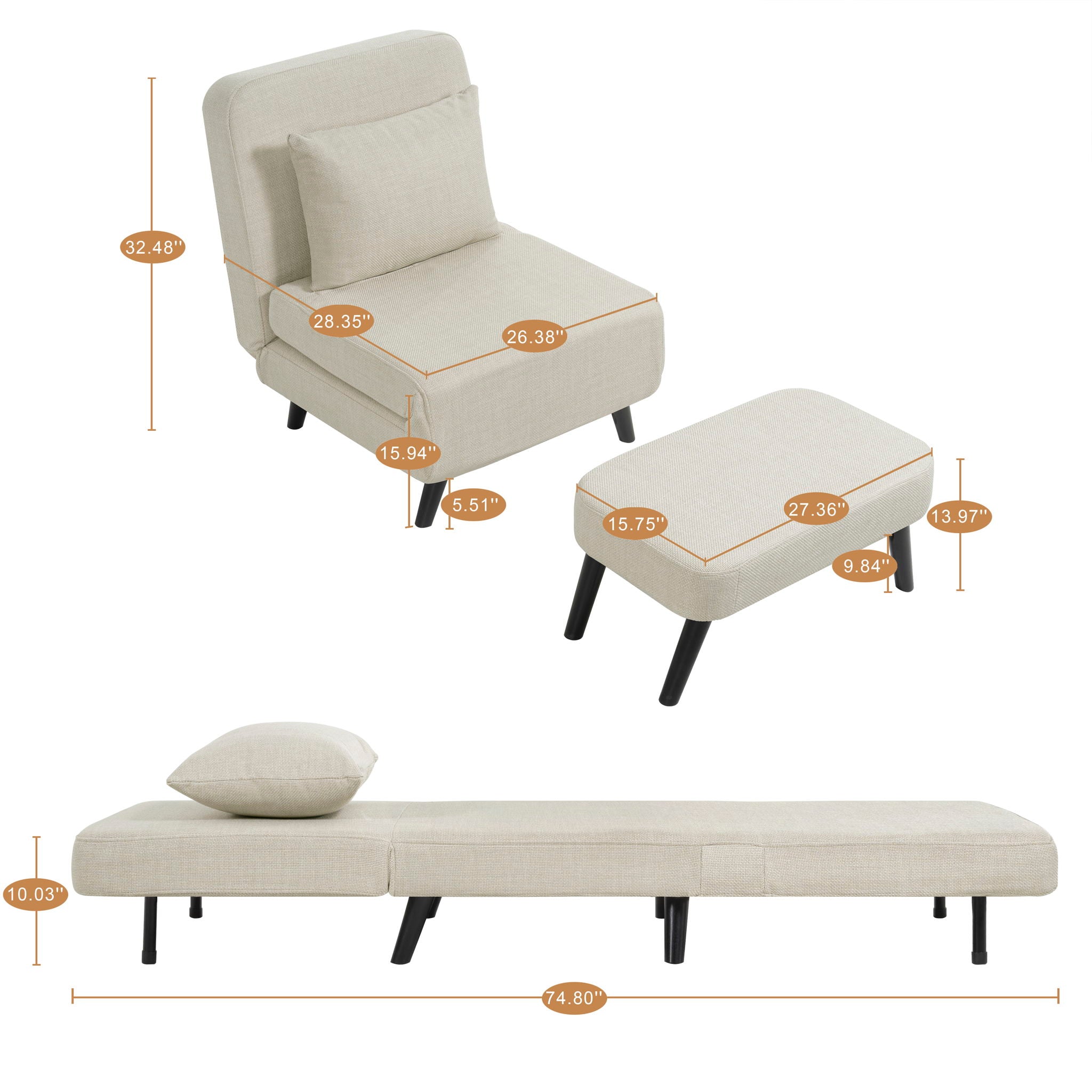 3 In 1 Foldable Chaise Lounge With Adjustable Backrest