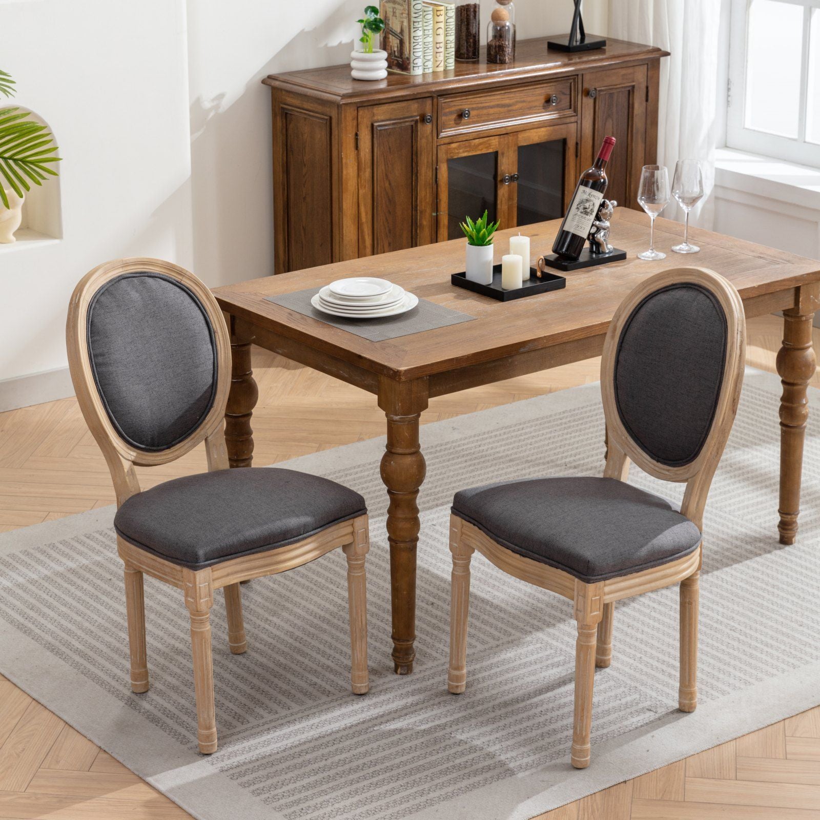 French Style Solid Wood Frame Antique Painting Fabric Back Dining Chair (Set of 2)