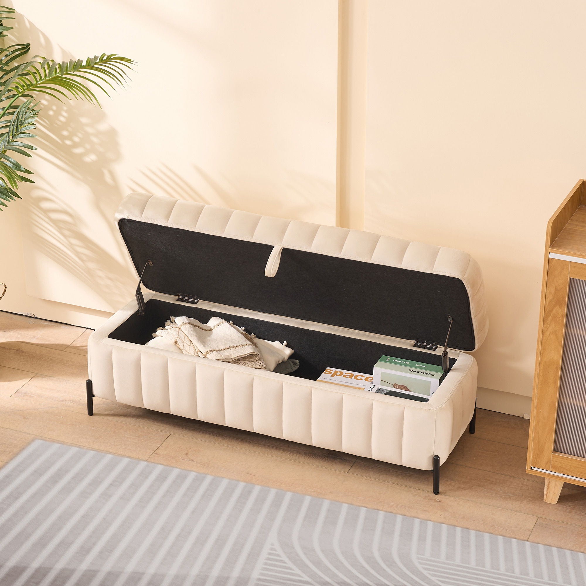 Wide Upholstered Storage Soft Bench Ottoman With Metal Legs