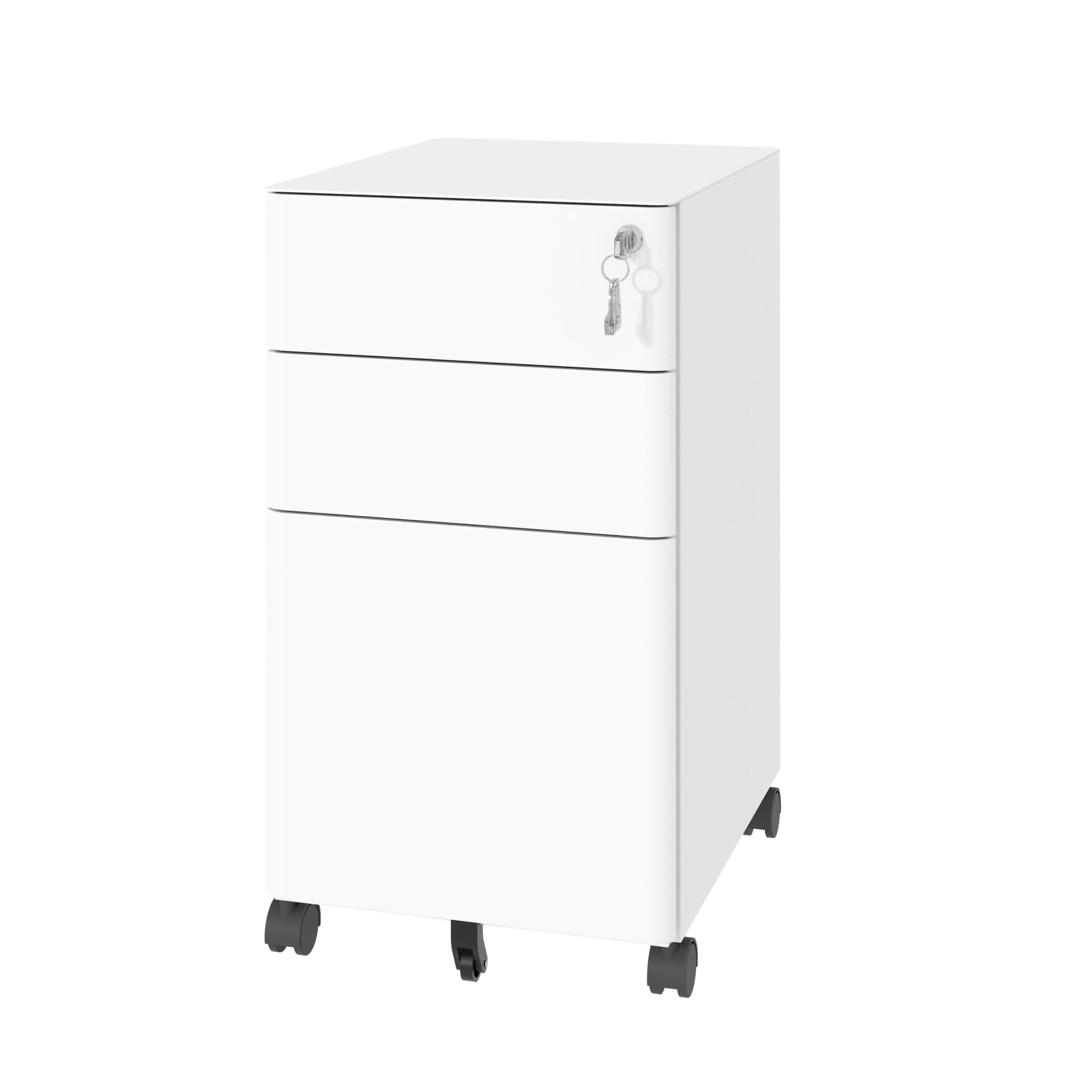 3-Drawer Mobile File Cabinet With Lock, On Wheels, Two Shallow & One Deep Drawer For Office/Home, Fully Assembled - White