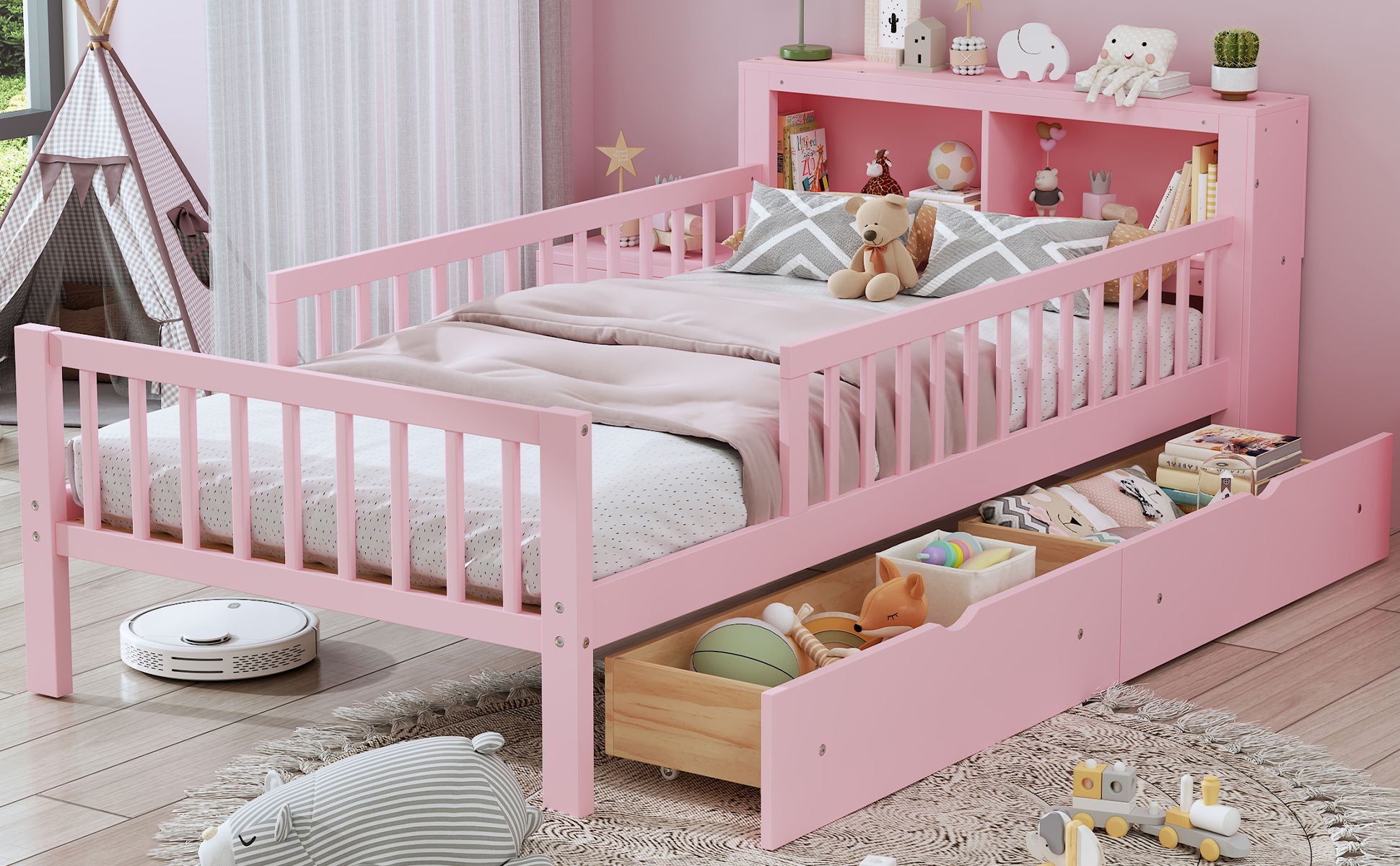Bed With Headboard Storage Rack, 2 Under Bed Drawers, 3 Side Guardrails For Safety