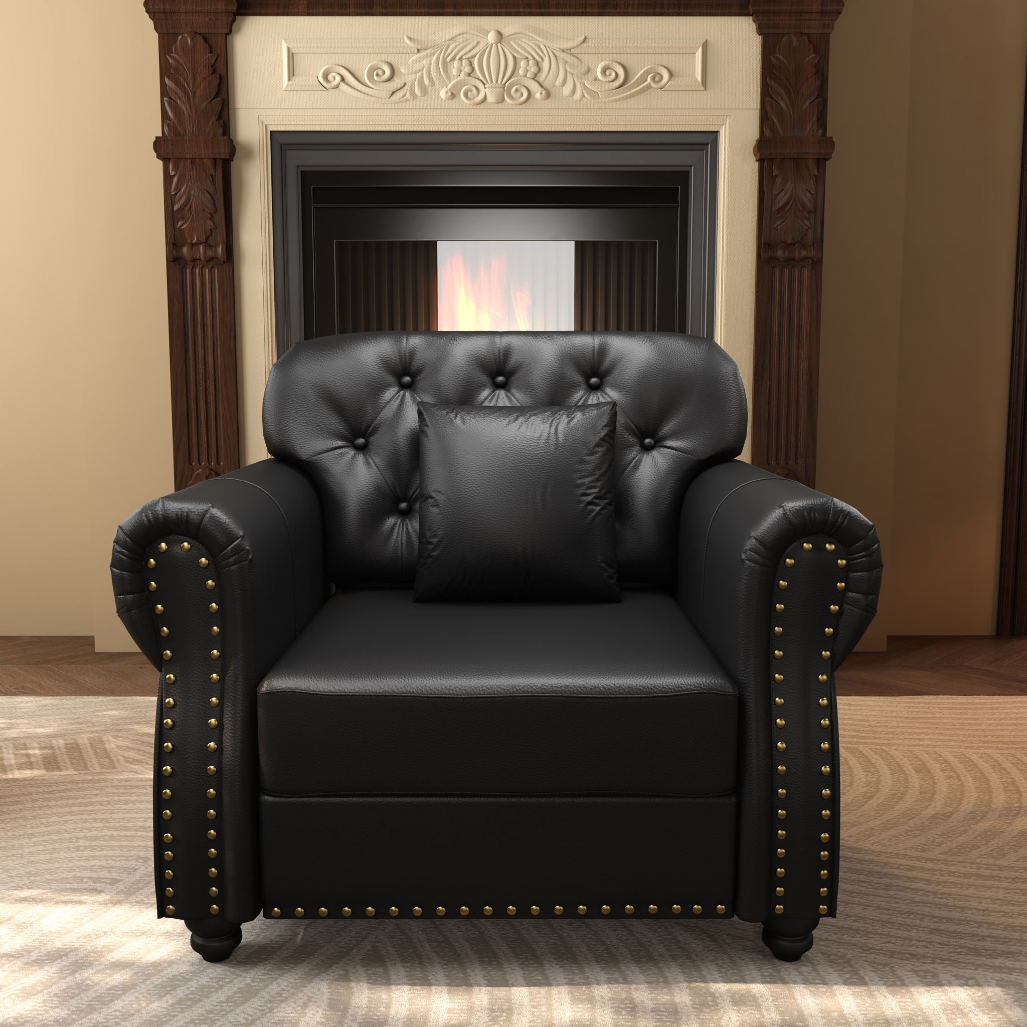 Sofa With Nailhead Trim And Rolled Armrests, Includes 1 Pillow - Black
