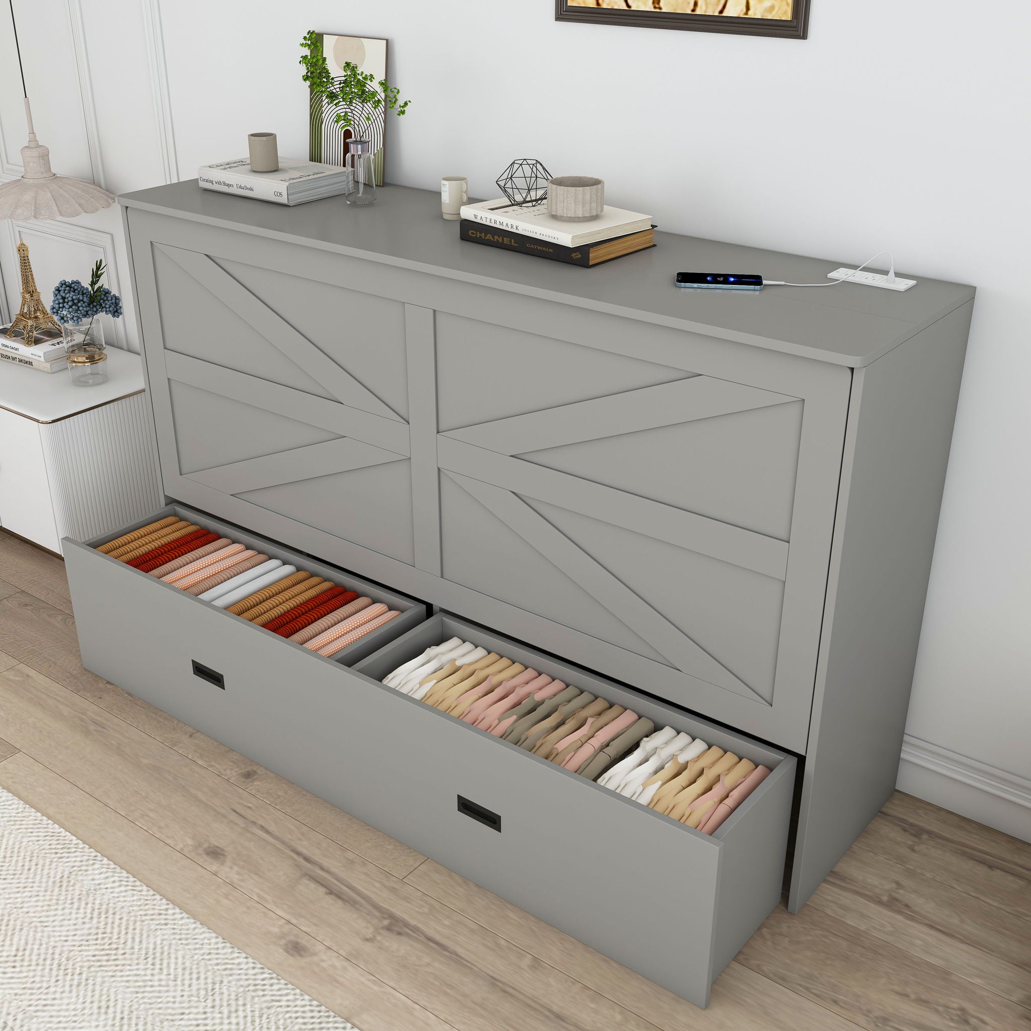 Full Murphy Bed With Storage Drawers, Charging Station, Foldable Panels, And Silent Swivel Wheels