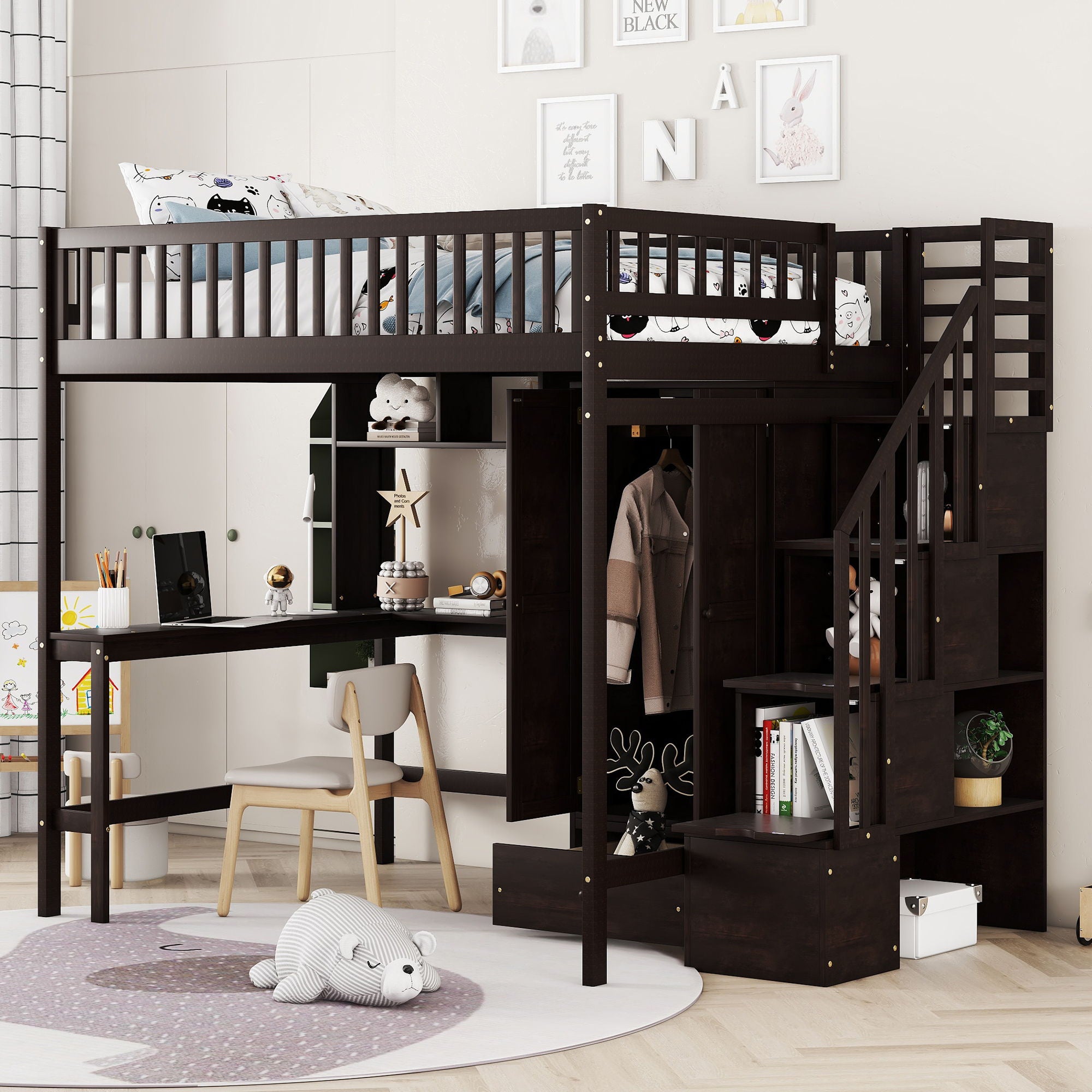 Loft Bed With Bookshelf, Drawers, Desk, And Wardrobe