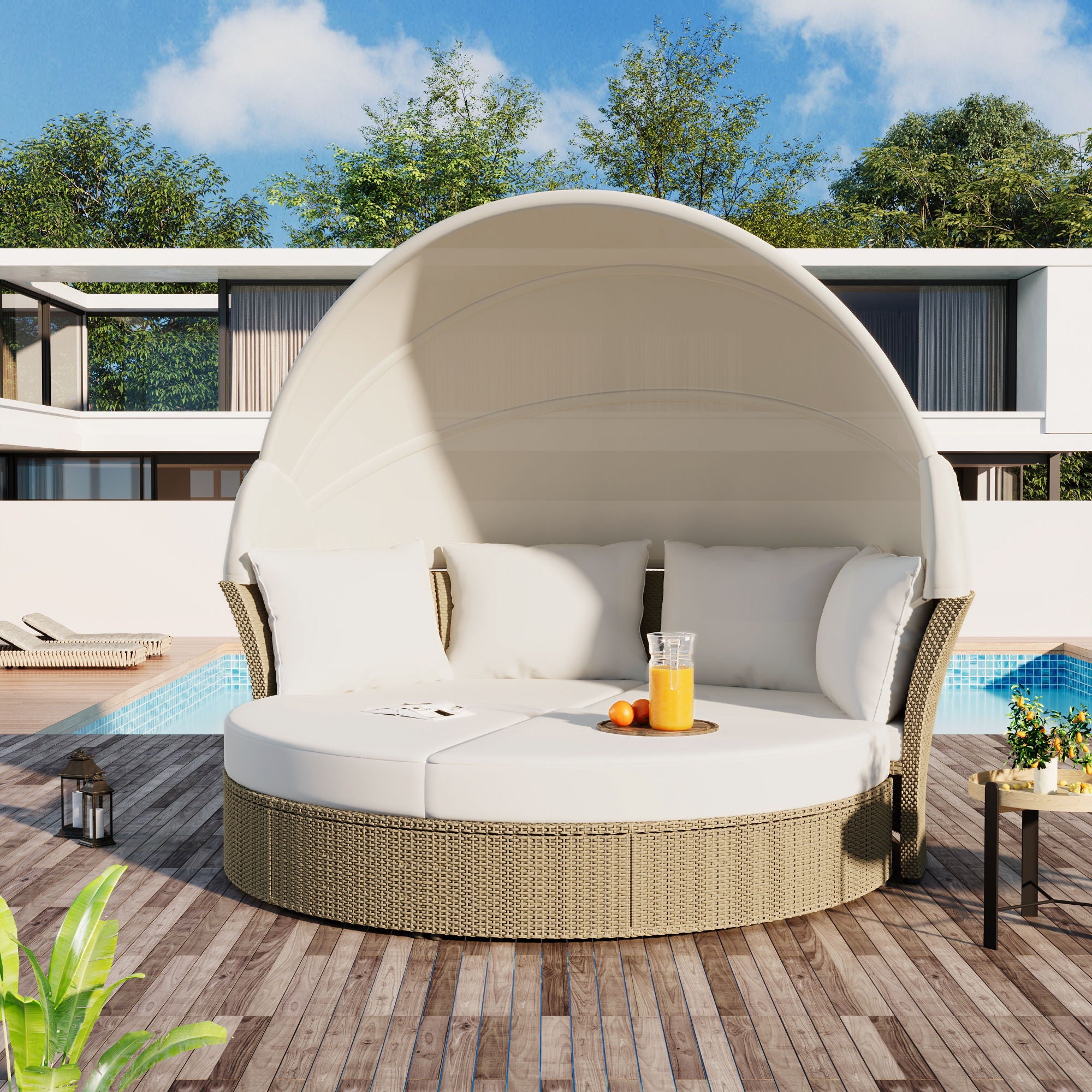 Outdoor Patio Daybed Wicker Rattan Double Daybed Round Sofa Furniture Set With Retractable Canopy, 4 Pillows For Lawn Garden