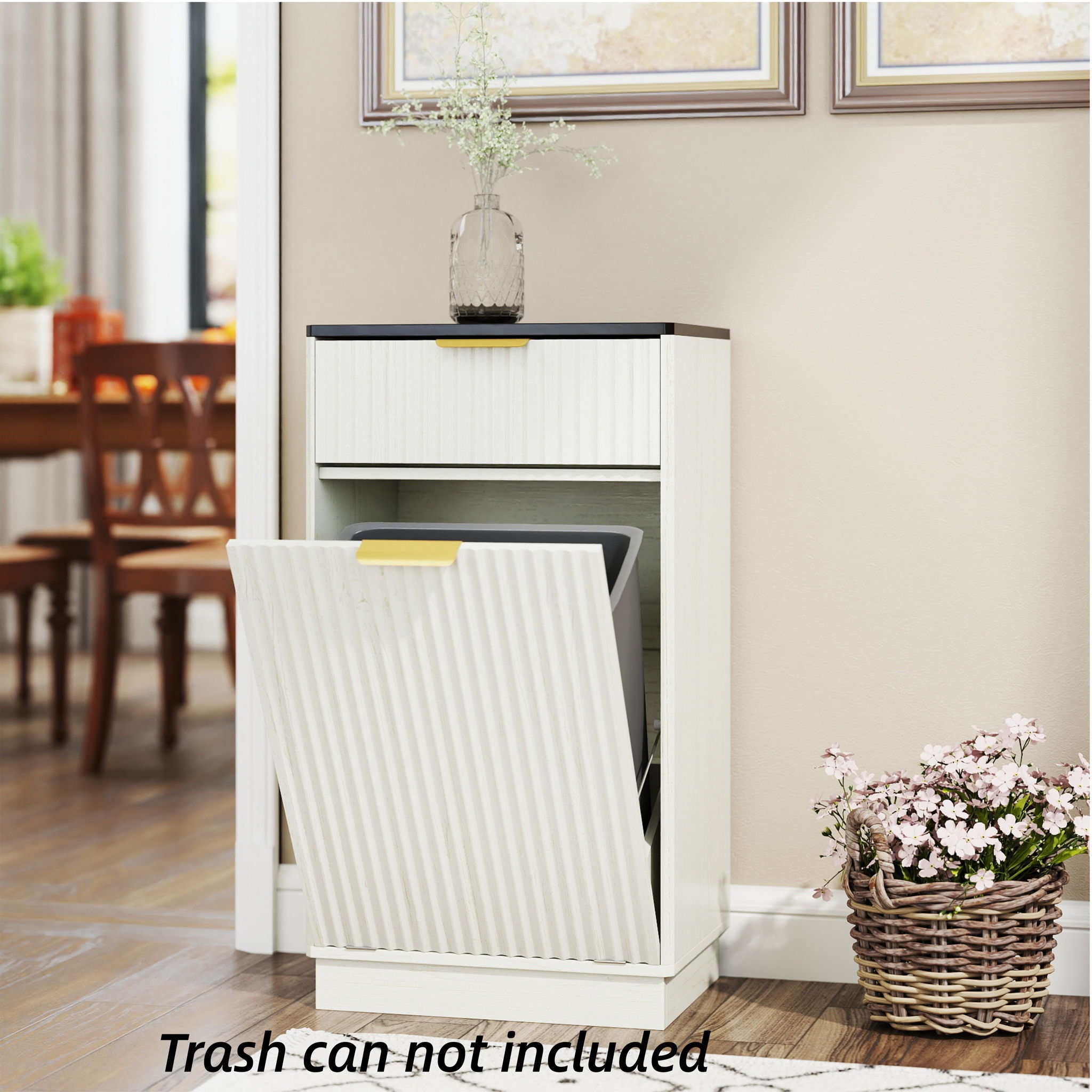 Tilt Out Trash Can Cabinet With Wave Textured Drawer & Pull Out Bin
