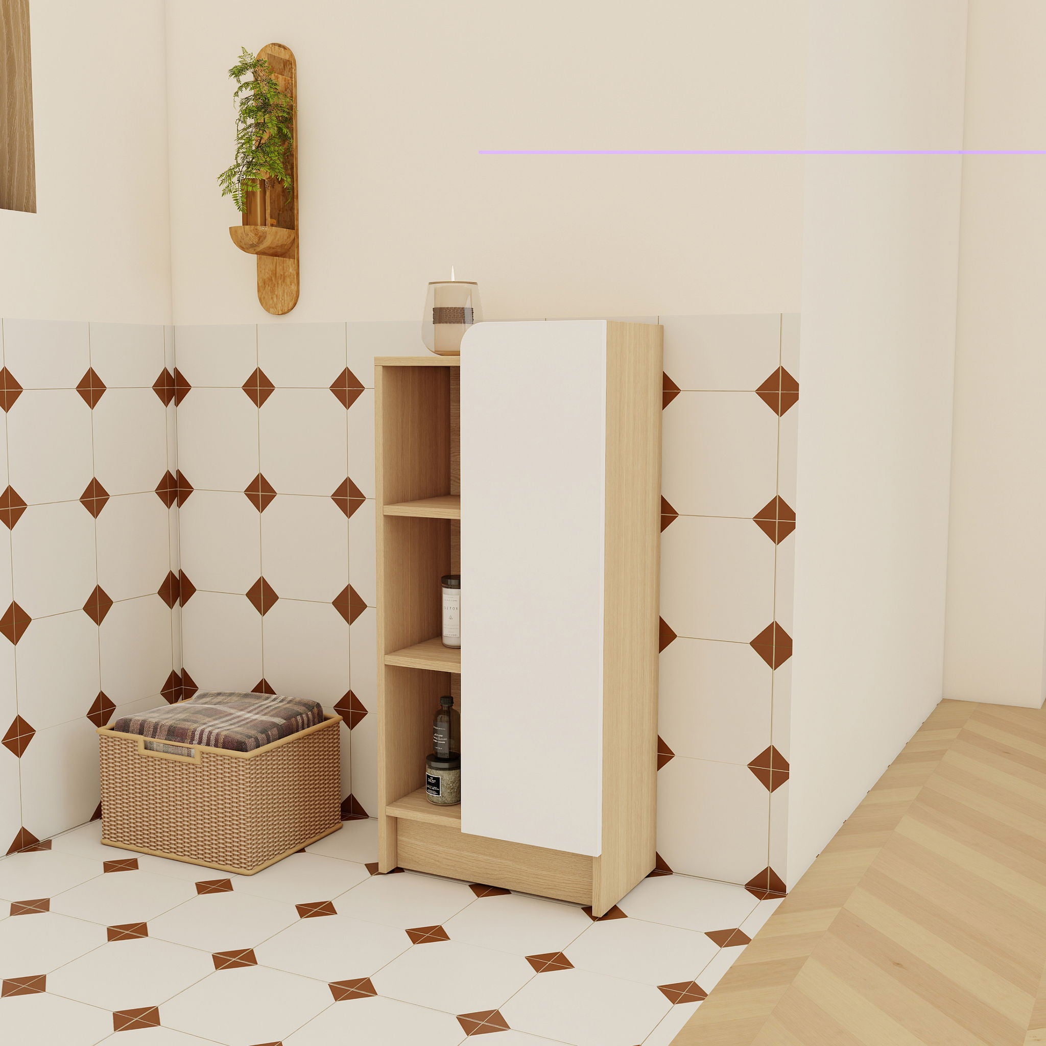 Freestanding Bathroom Side Cabinet, Narrow Storage Cabinet With Single Door & 3 Tier Open Shelves - Black / Light Oak / White