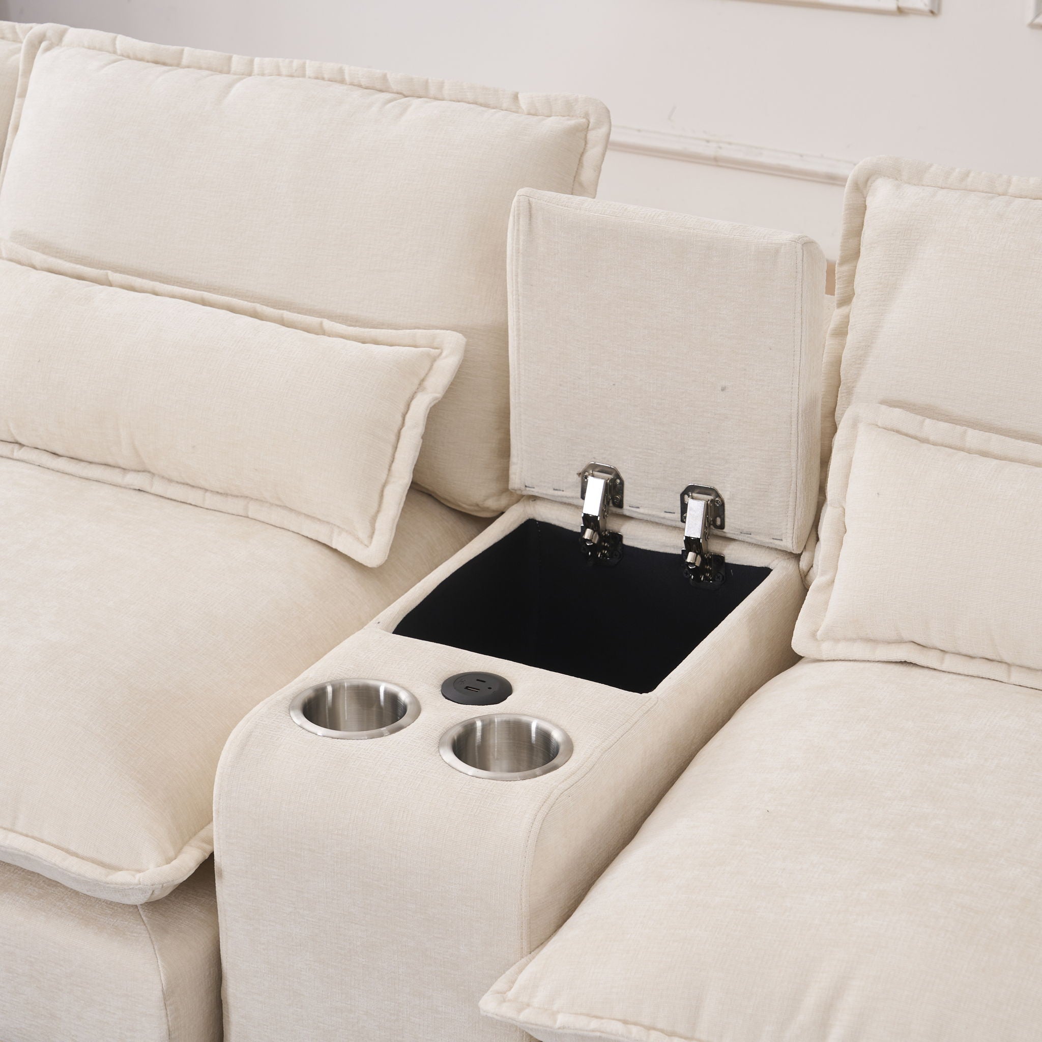 U Shaped Sofa With Console, Cupholders, USB Ports, 6 Seat, Bronzing Suede &