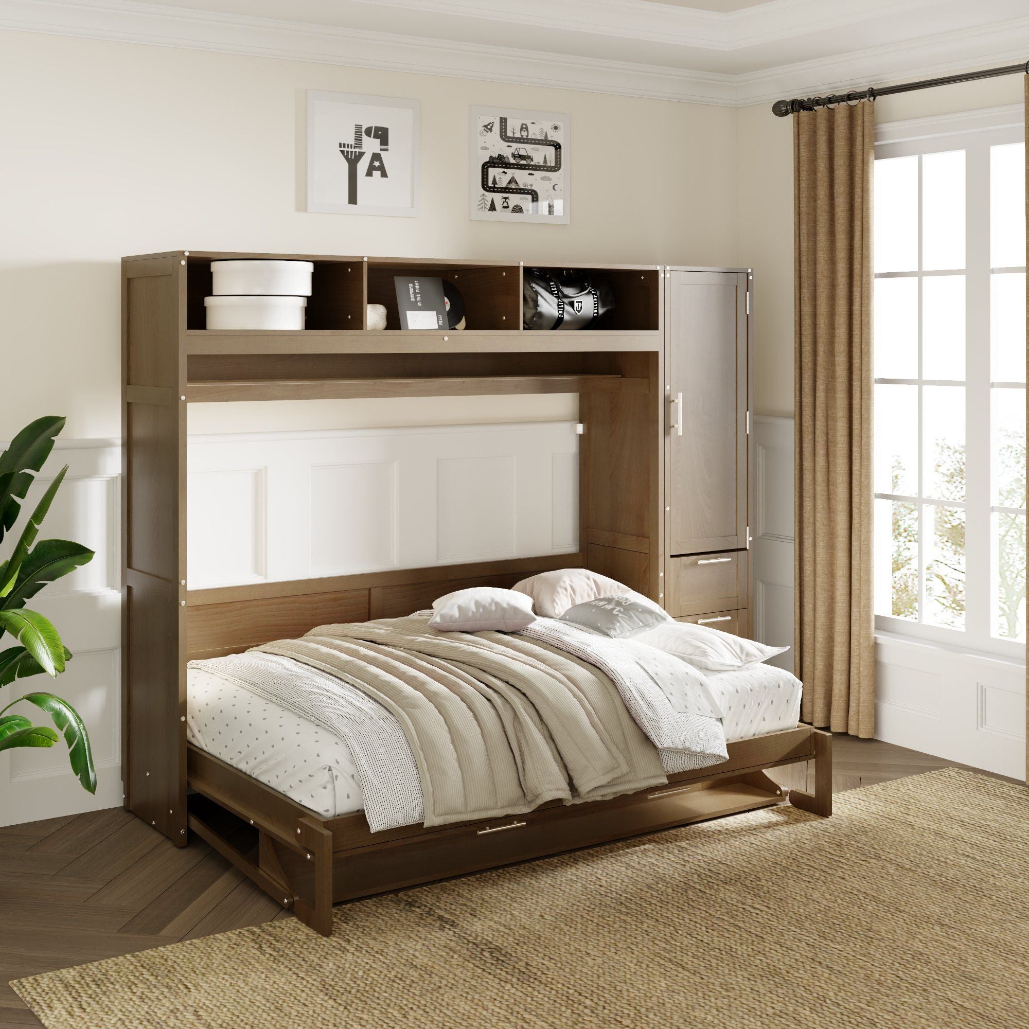 Full Size Murphy Bed With Wardrobe, Drawers, And Open Shelves - Wood