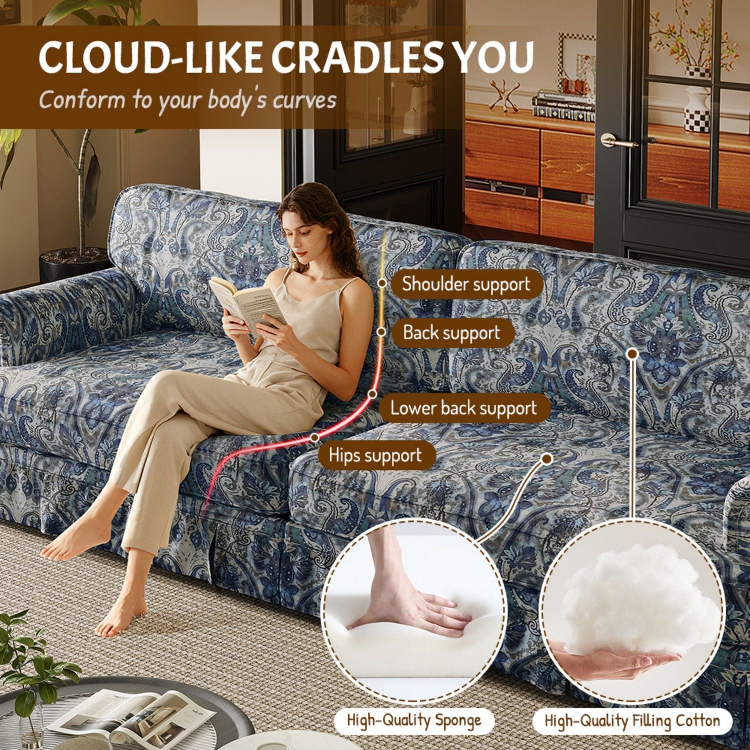 Luxuriously Comfortable Cloud Couch With Elegant Rolled Arms & Pleated Skirt Design