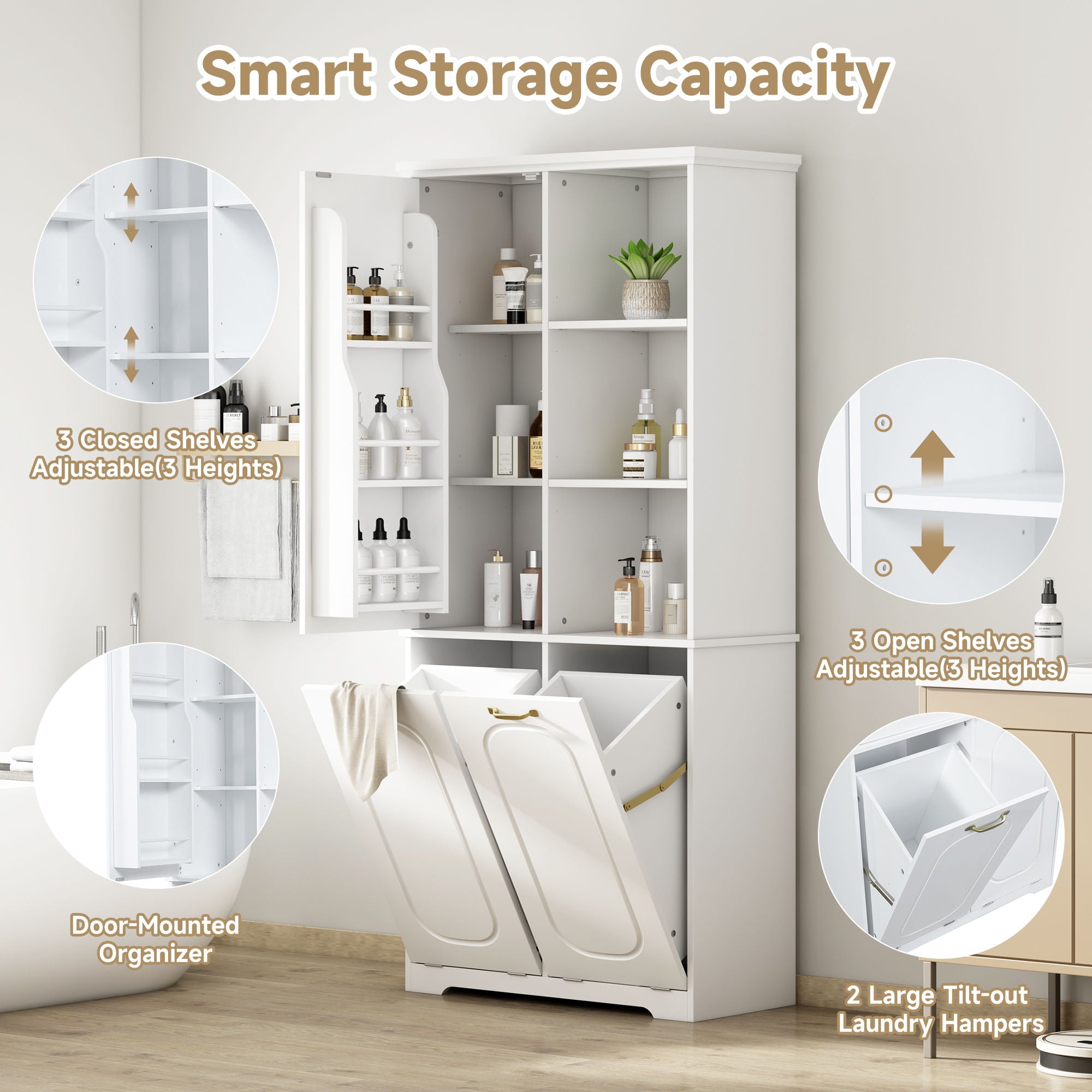 Freestanding Tall Storage Cabinet With 2 Tilt Out Hampers, Adjustable Shelves, Soft Close Door, Door Mounted Organizer - White