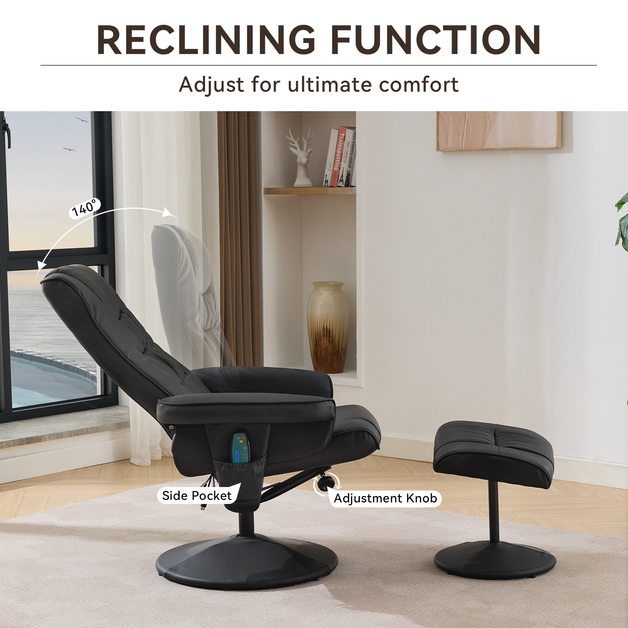 Recliner Chair With Ottoman, 360° Swivel Massage Lounge Chair With 5-Point Vibration & Heated Seat