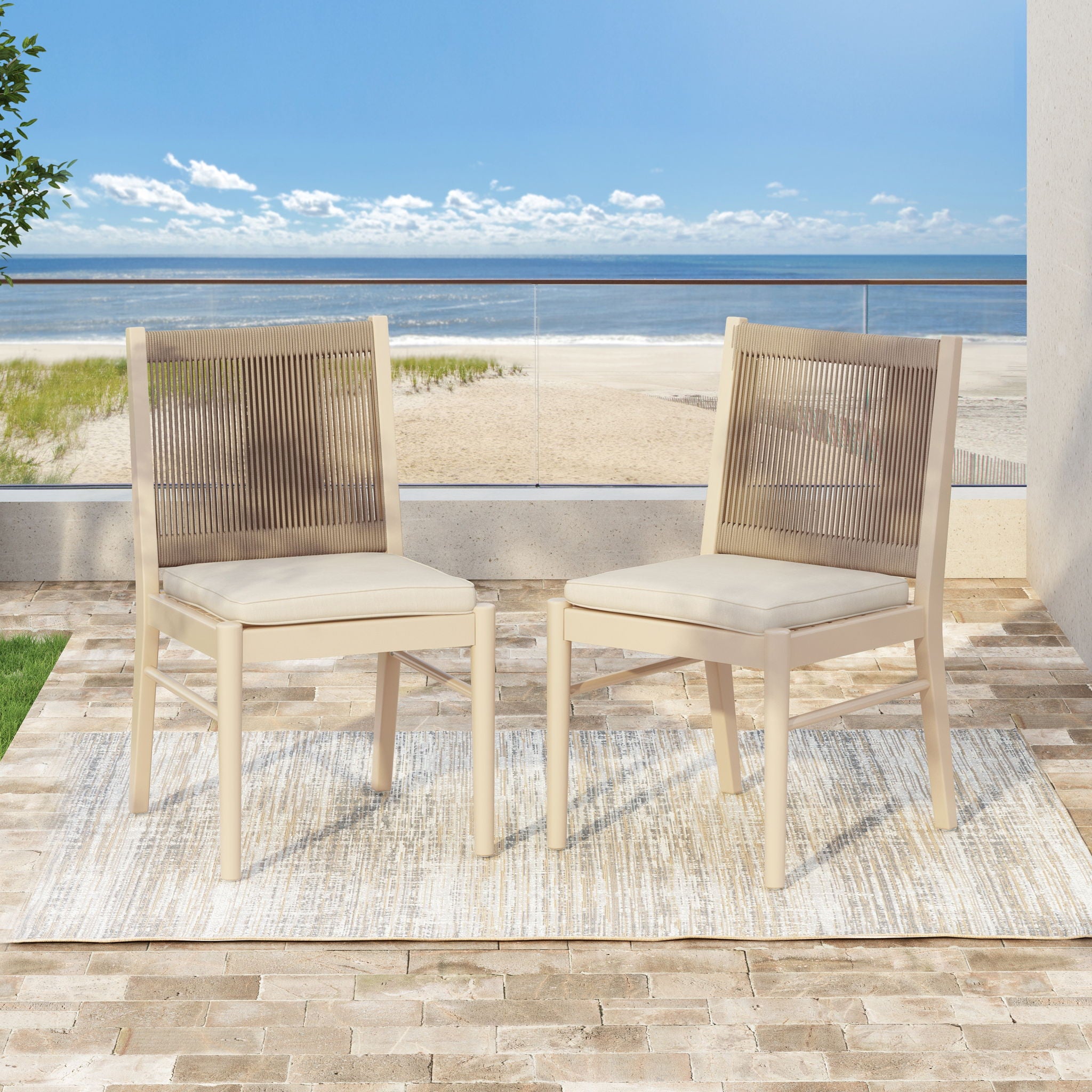 Cordoba - Dining Chair (Set of 2) With Acacia Wood Frame And Water Repellent Fabric - Beige / Yellow