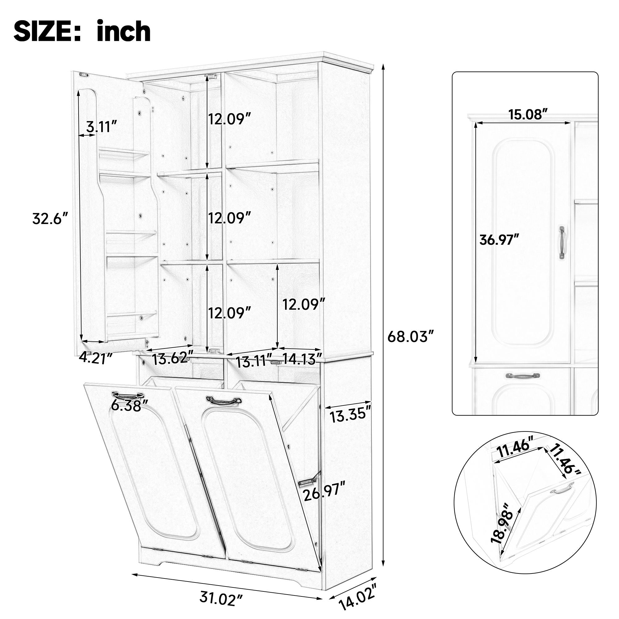 Freestanding Tall Storage Cabinet With 2 Tilt Out Hampers, Adjustable Shelves, Soft Close Door, Door Mounted Organizer - White