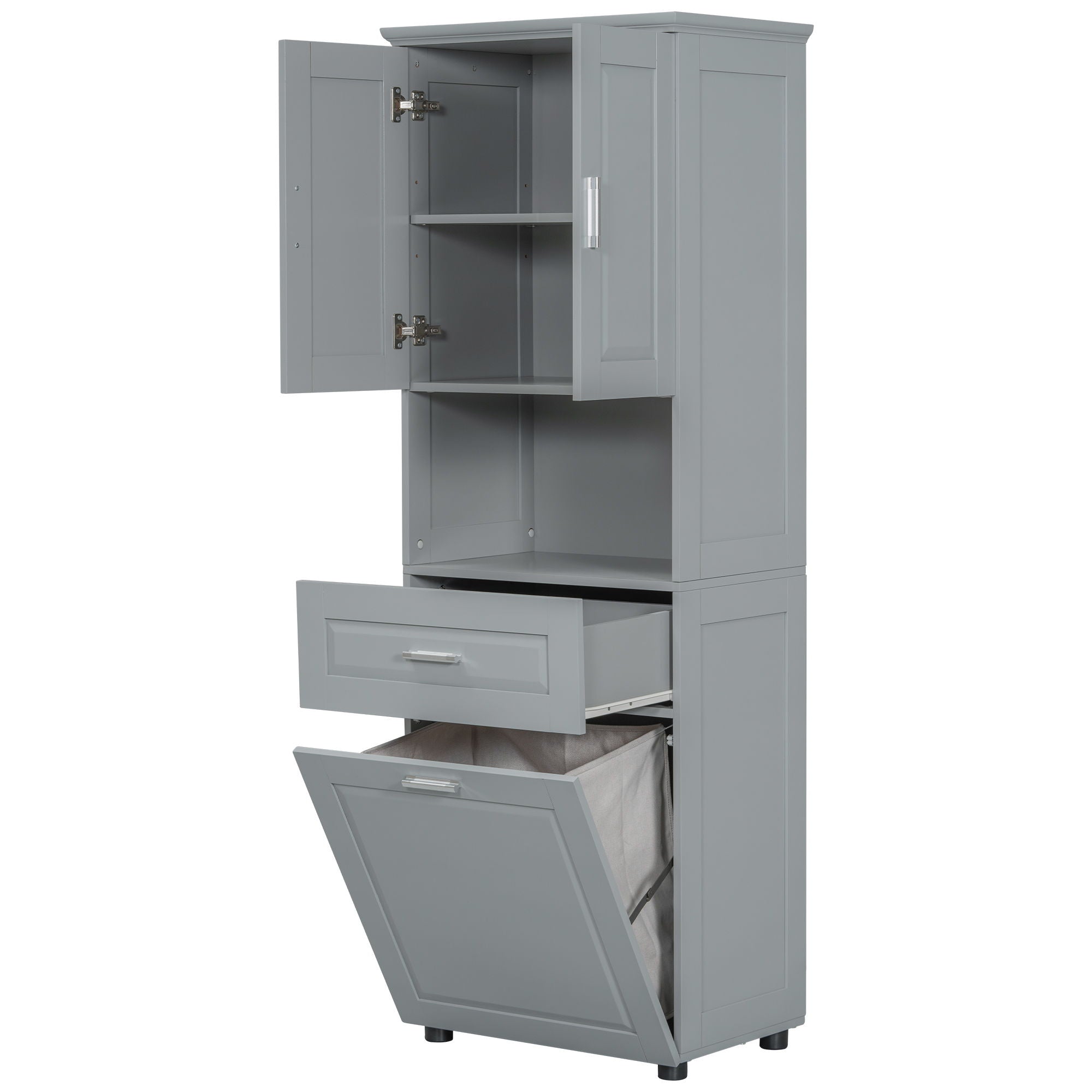 Tall Bathroom Cabinet With Tilt-Out Laundry Basket And Upper Storage
