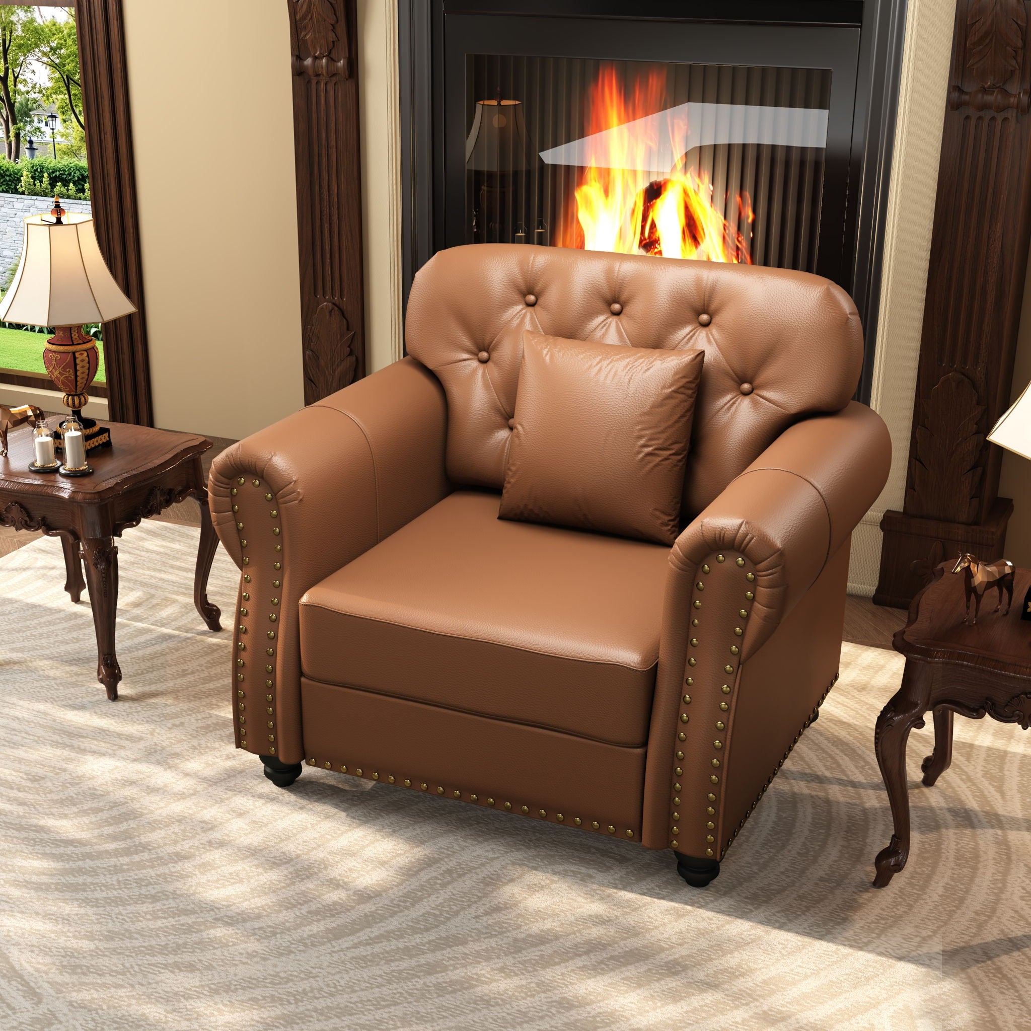 Upholstered Sofa With Nailhead Trim, Rolled Armrests With Ottoman