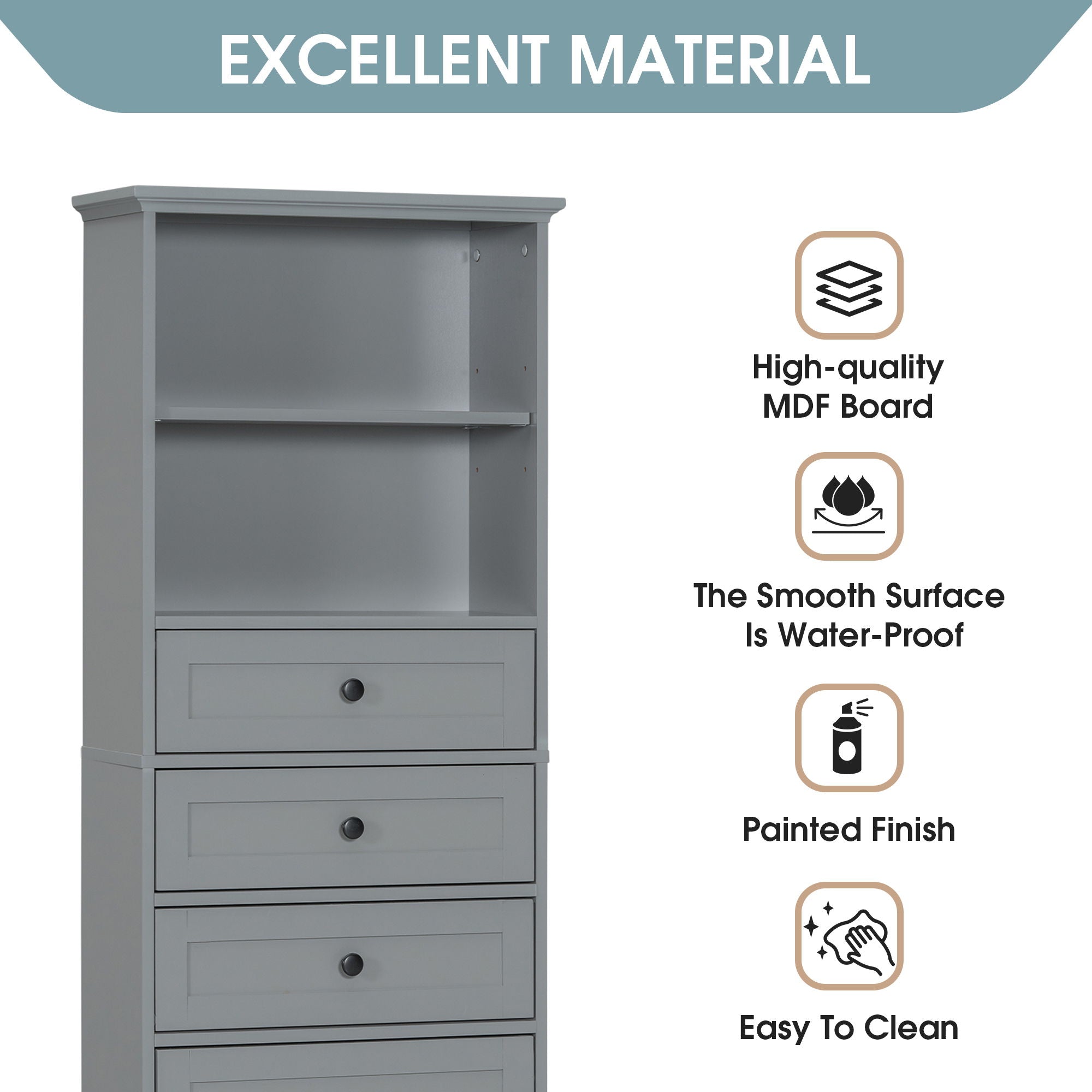 Tall Storage Cabinet With 3 Drawers And Adjustable Shelves For Bathroom