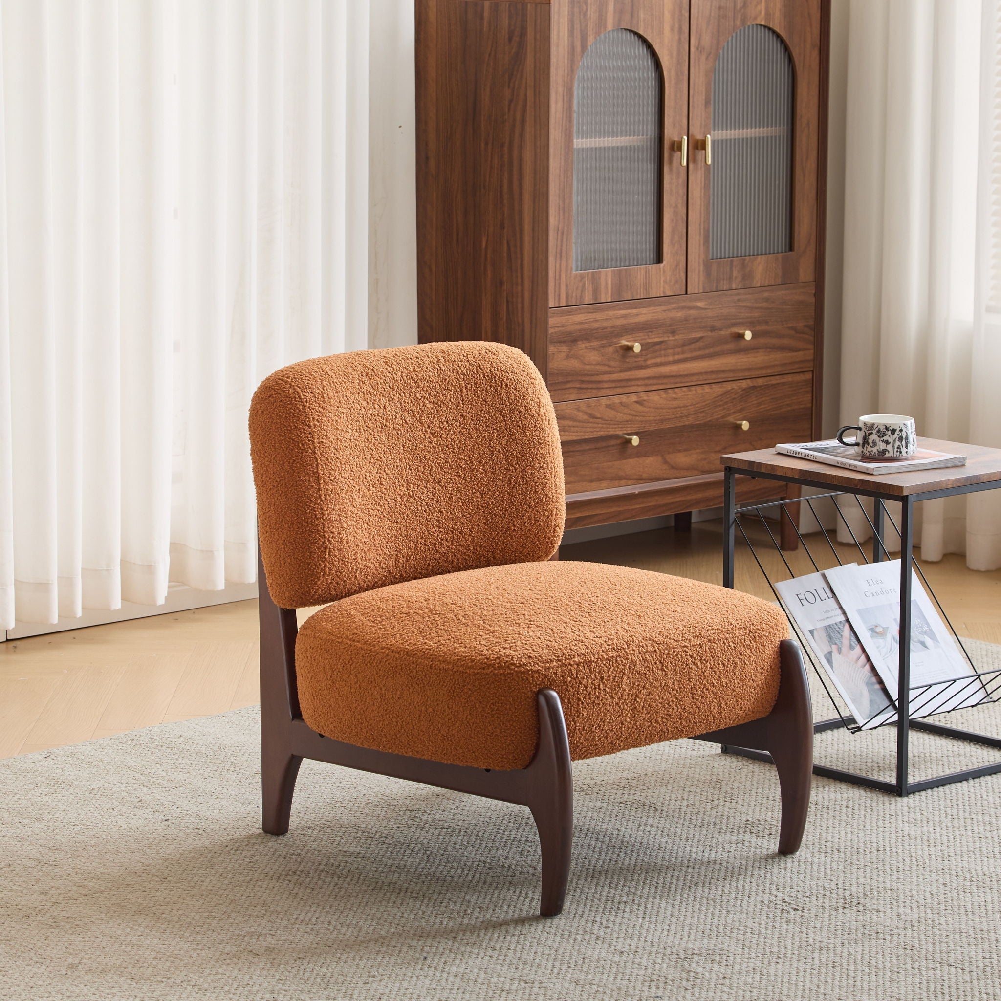 Modern Boucle Lounge Chair With Solid Wood Fram