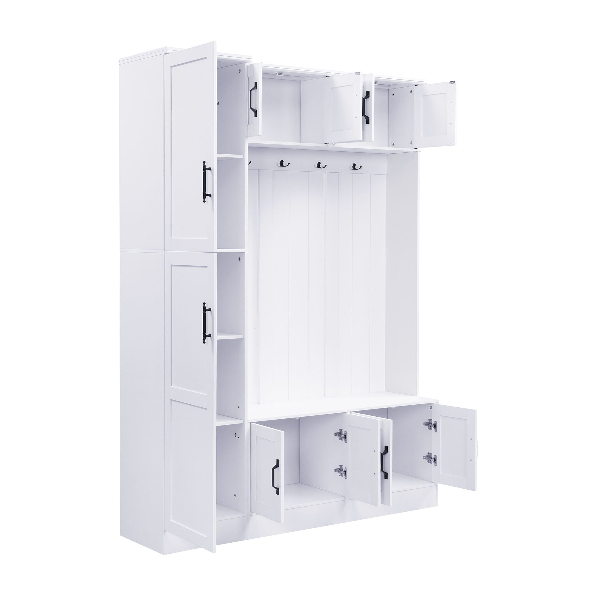 Tall Hall Tree With Shoe Storage, 4 In 1 Entryway Bench With 6 Cabinets, 4 Coat Hooks & Adjustable Shelf For Hallway - White