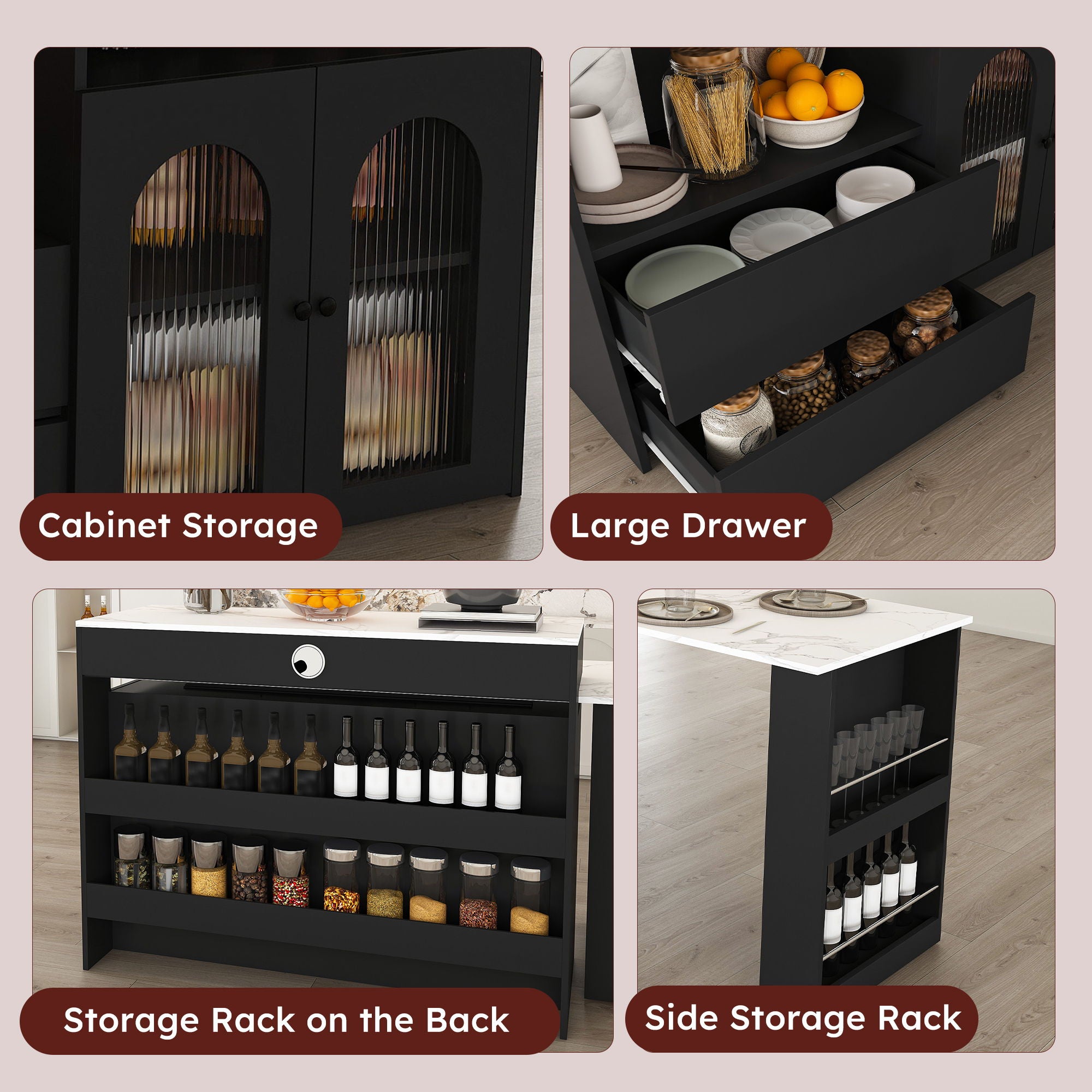 Retro Kitchen Island Set With Chairs, Extendable & Rotating Table, 4 Drawers & Door Cabinets