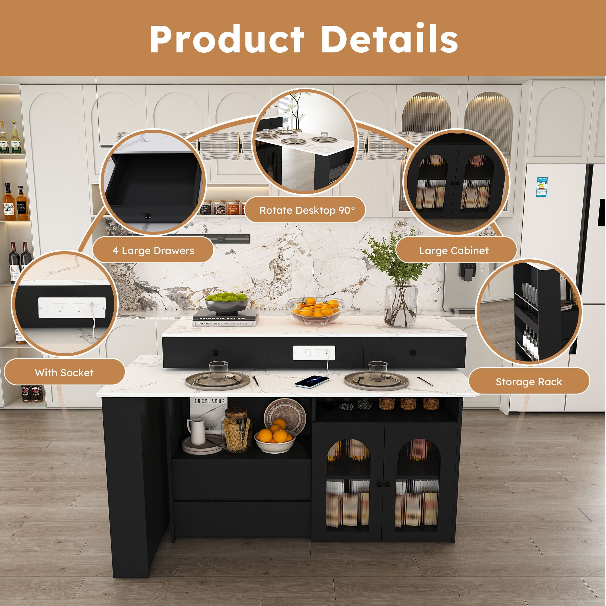Kitchen Island With Extendable & Rotating Table