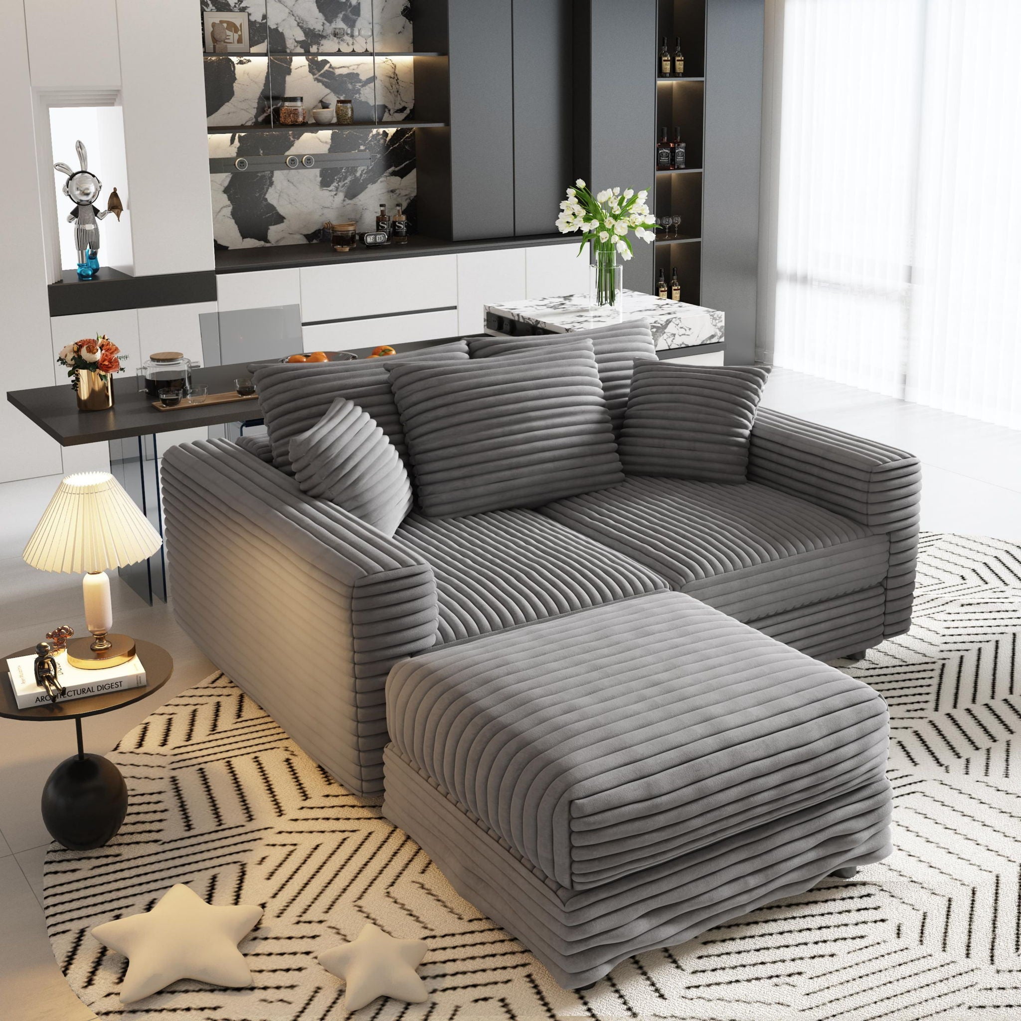 Deep Seat Convertible Sofa With Soft Pillows And Ottomans