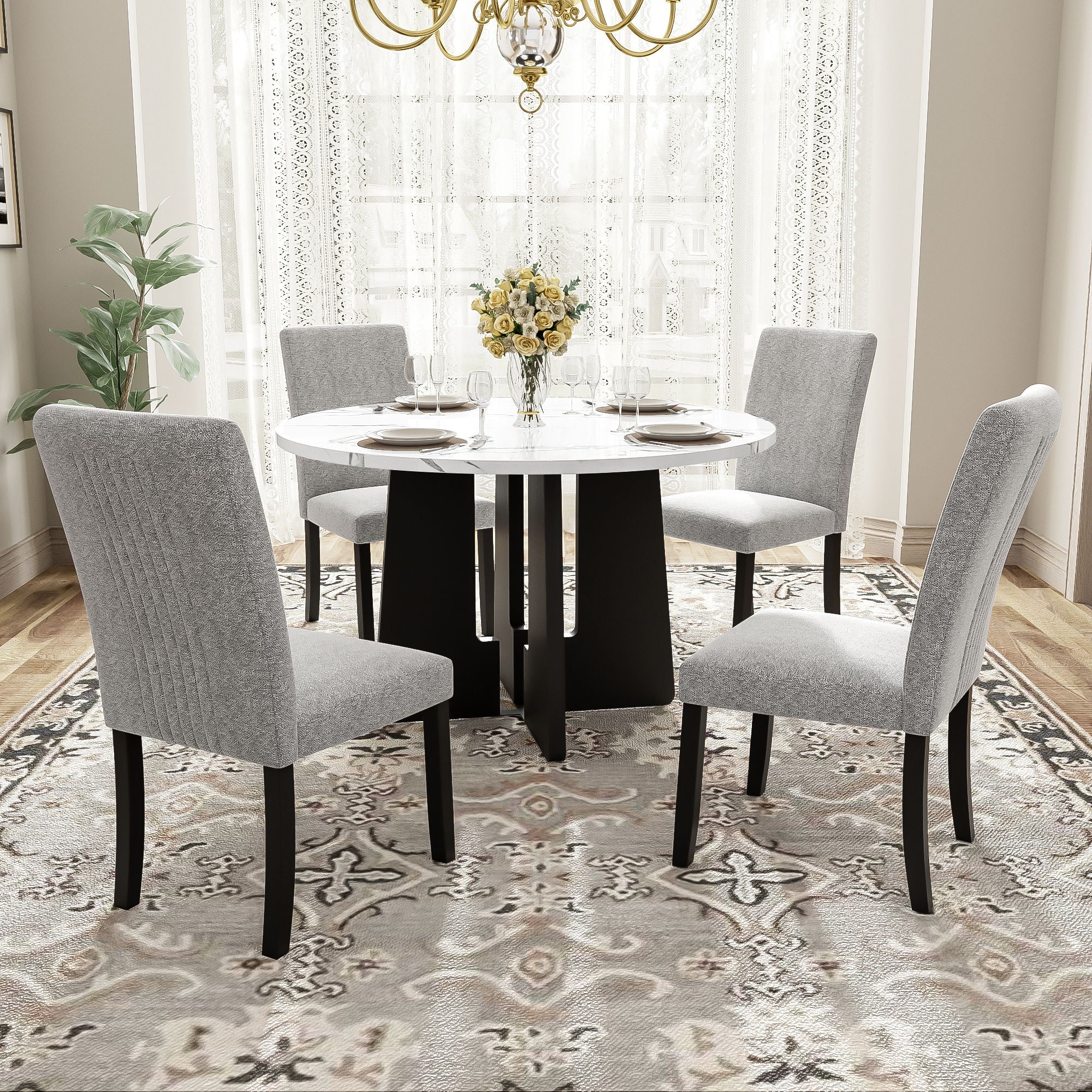 5 Piece Round Dining Table Set, Dining Table And 4 Upholstered Chairs For Dining Room, Kitchen Room, Living Room - White / Gray