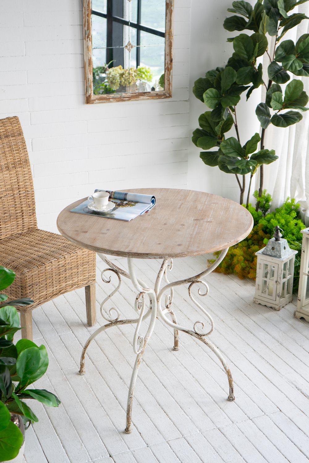 Round Wooden Table With Metal Scrollwork Legs - White Washed