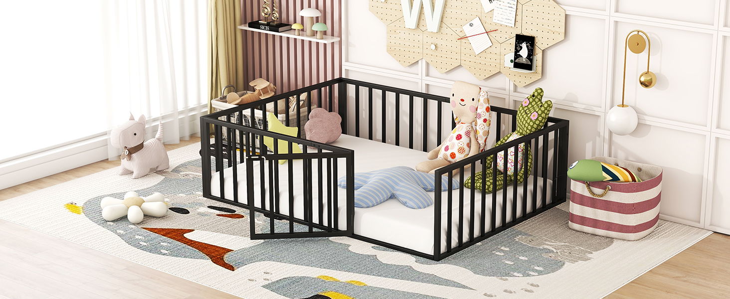 Metal Floor Bed Frame With Fence And Door