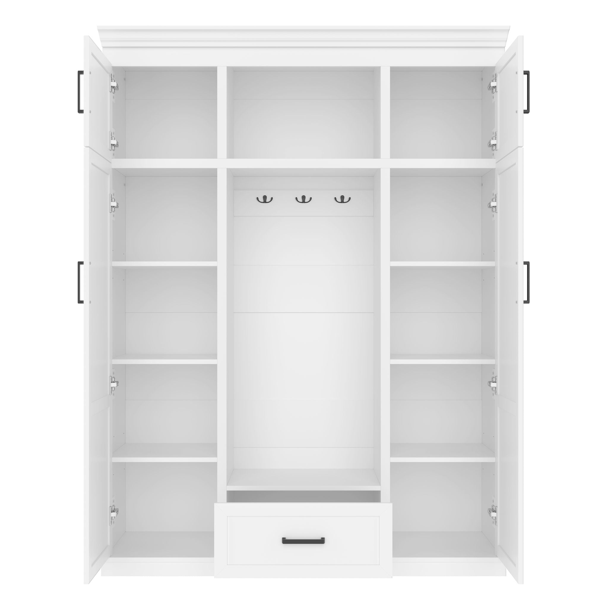 Hall Tree With Bench And 3 Hooks, Modern Entryway Storage Organizer Cabinet With 4 Doors, 1 Drawer And Adjustable Shelves
