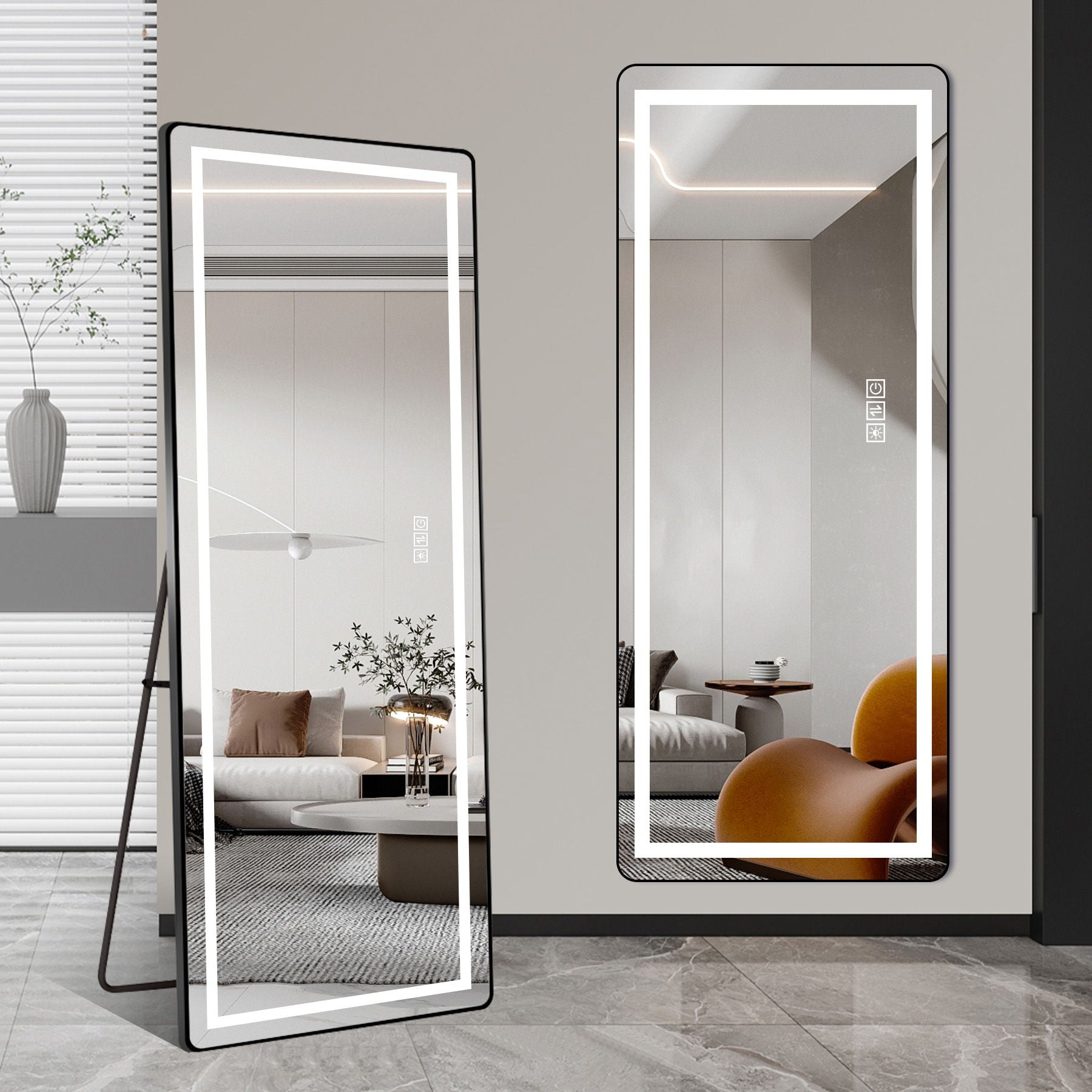 Full-Length Vertical Mirror With LED Light, Dimming Wall Mirror With Frame
