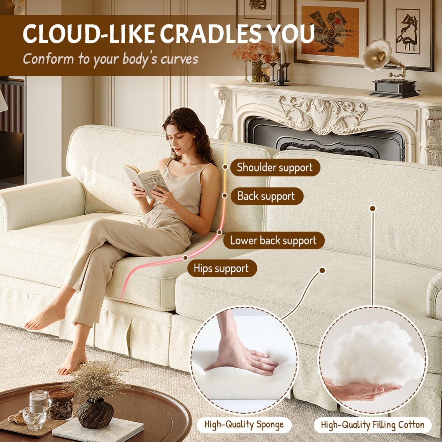 Luxuriously Comfortable Cloud Couch Sofa With Elegant Rolled Arms & Pleated Skirt Design