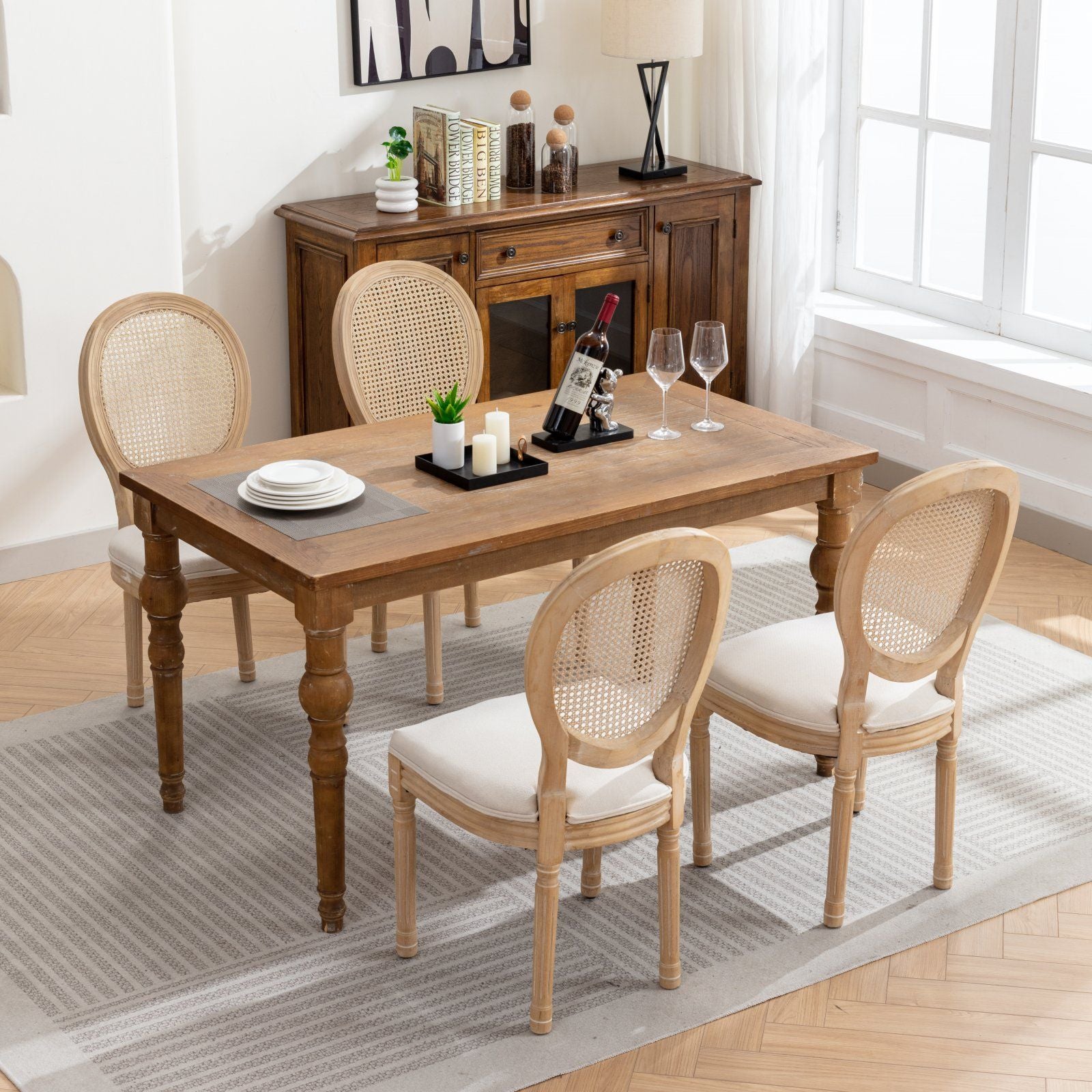 French Style Solid Wood Frame Antique Painting Fabric Rattan Back Dining Chair (Set of 2)