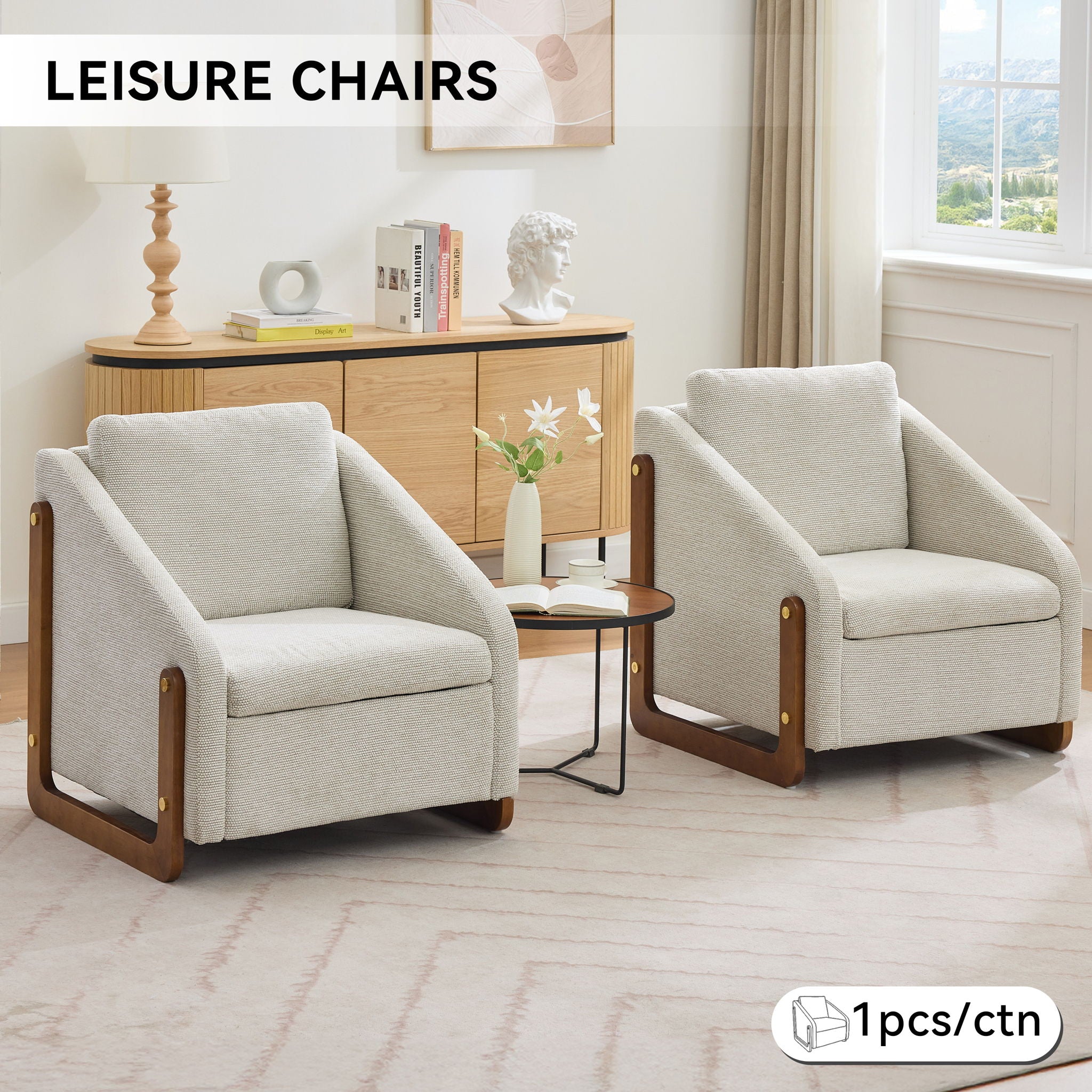 Modern Upholstered Armchair With Wooden Side Frame