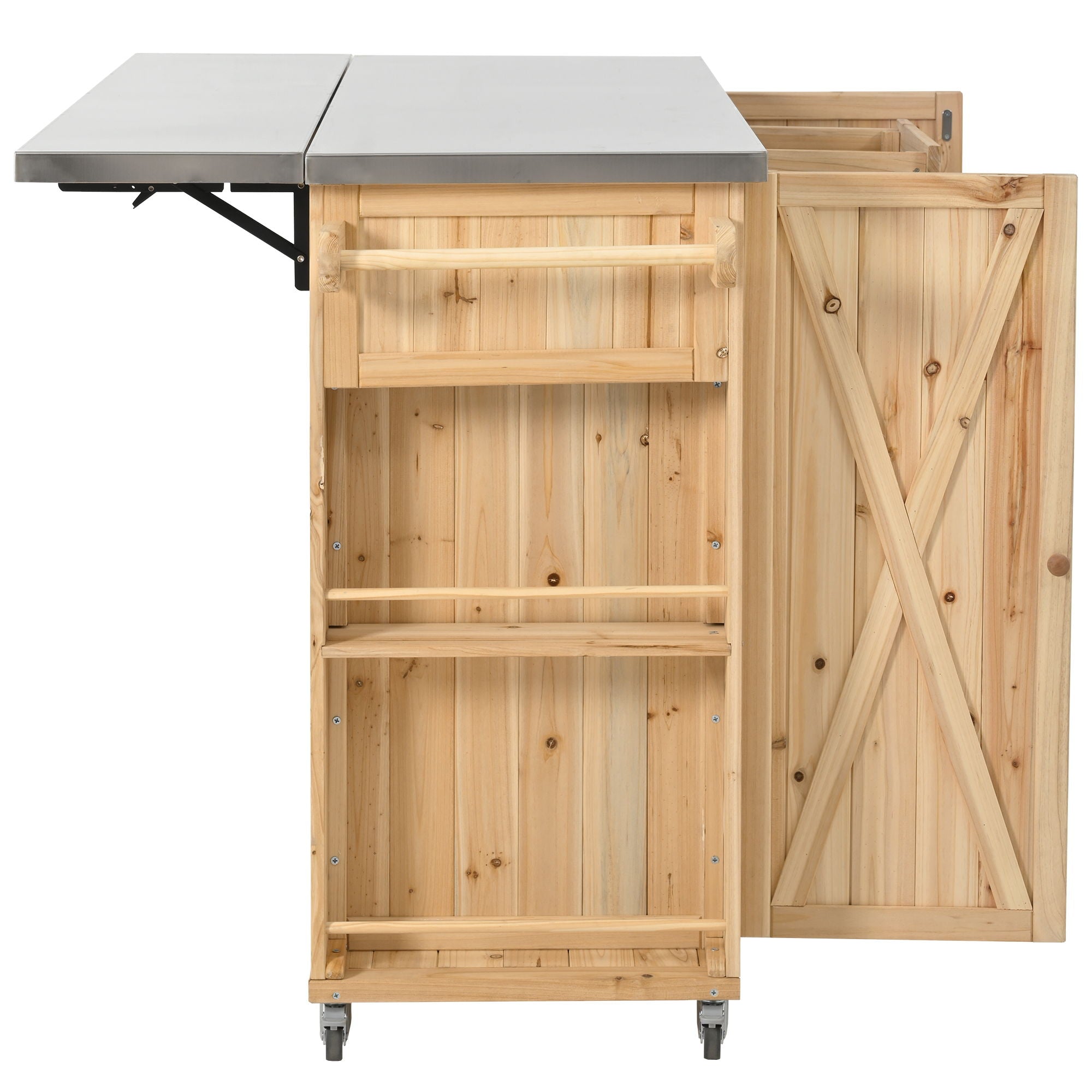Outdoor Kitchen Island With Stainless Steel Top, Ample Storage Space, Towel And Spice Racks And A Bottle Opener
