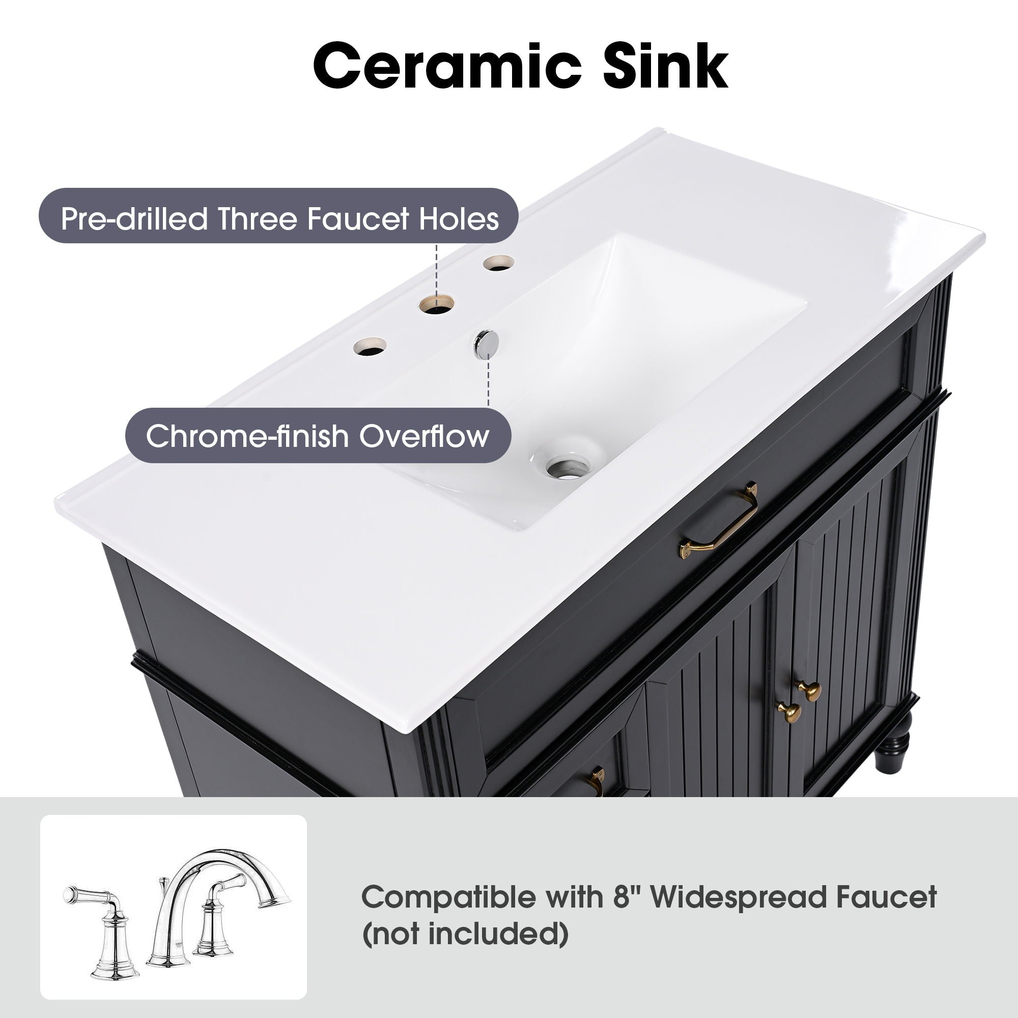 36" Bathroom Vanity With Sink, Freestanding Cabinet With Drawers, 2 Package - Black