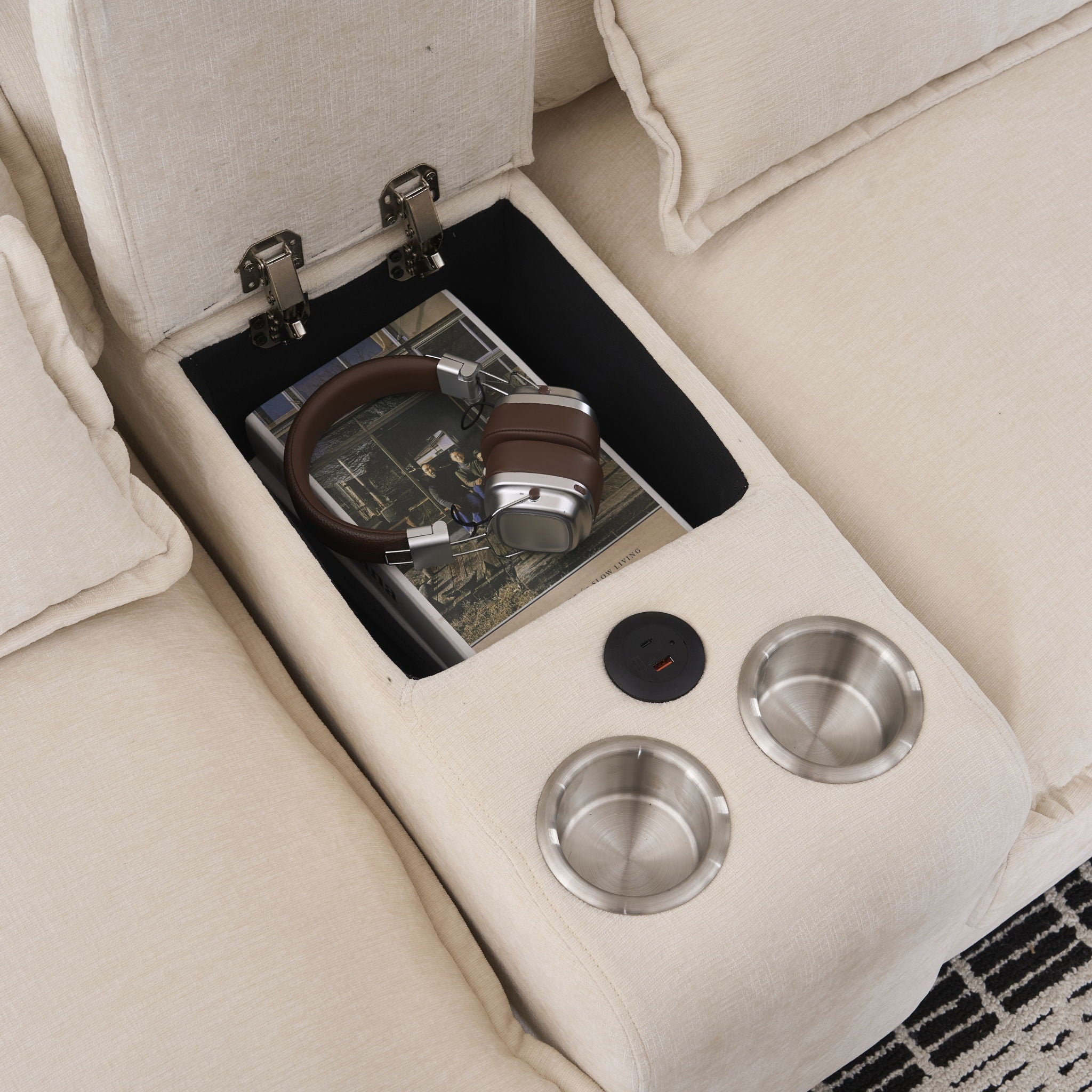 U Shaped Sofa With Console, Cupholders, USB Ports, 6 Seat, Bronzing Suede &