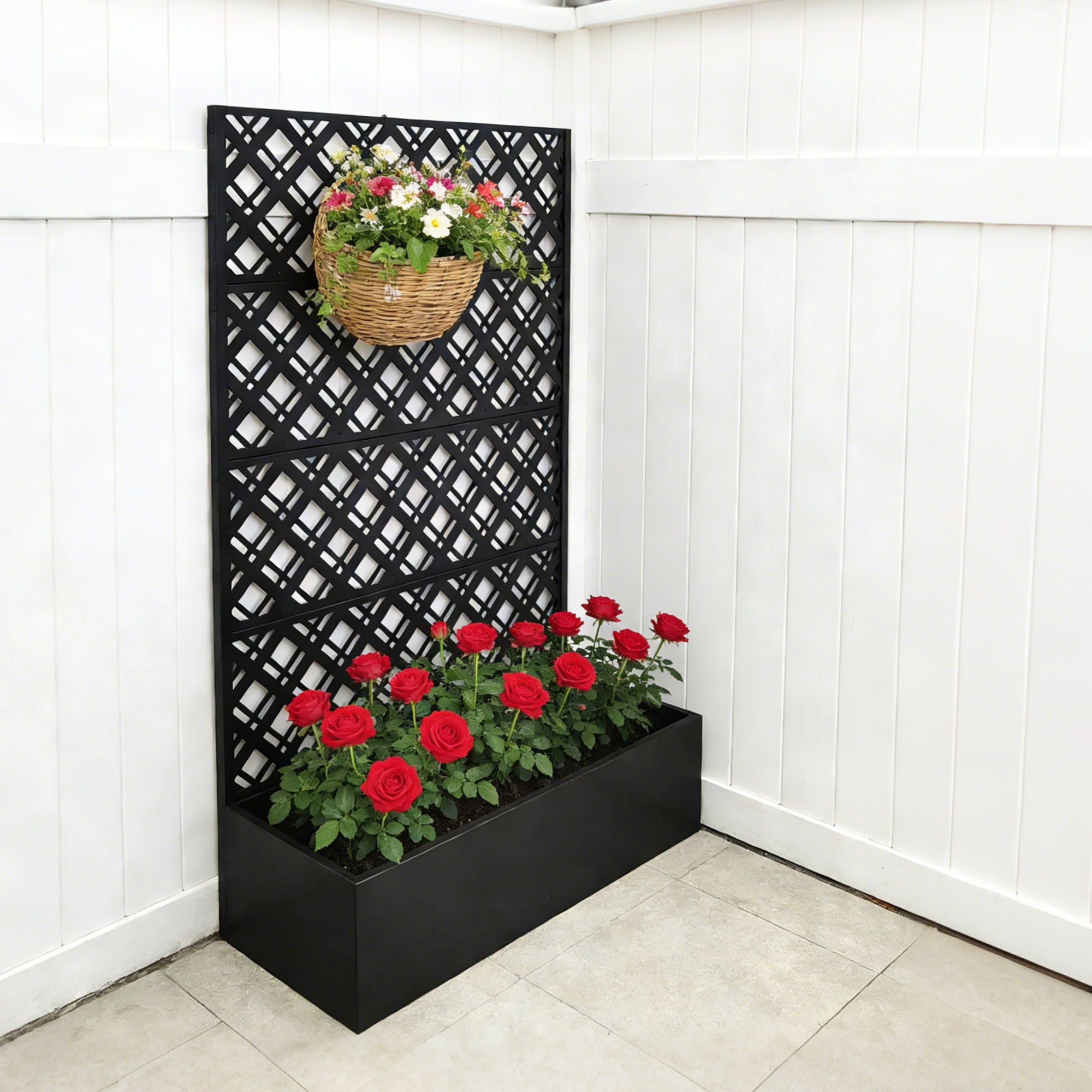 Rhombus Planter Raised Garden Bed With Trellis For Climbing Plants - Black