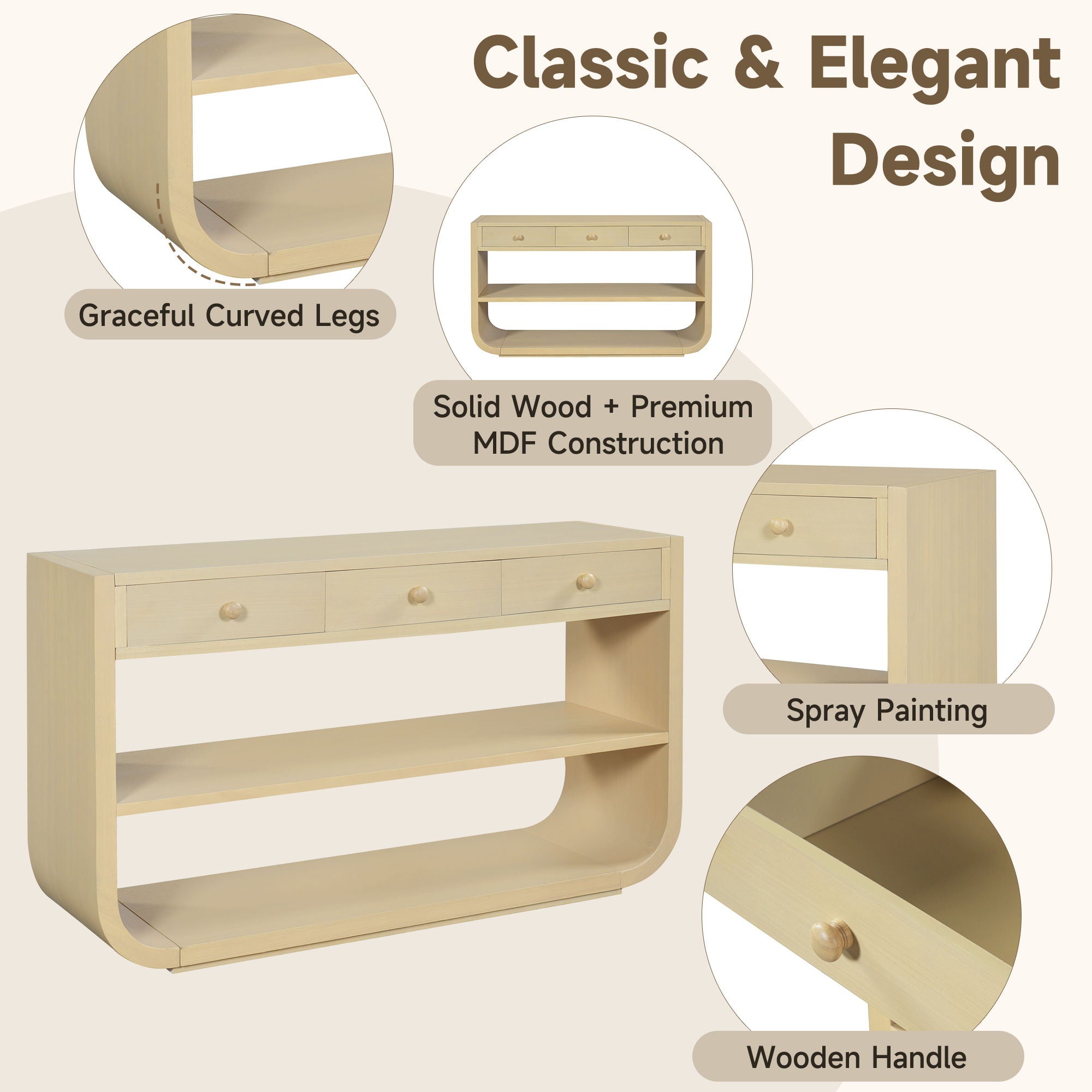 Console Table With 3 Soft Close Drawers & 2 Open Shelves - Natural